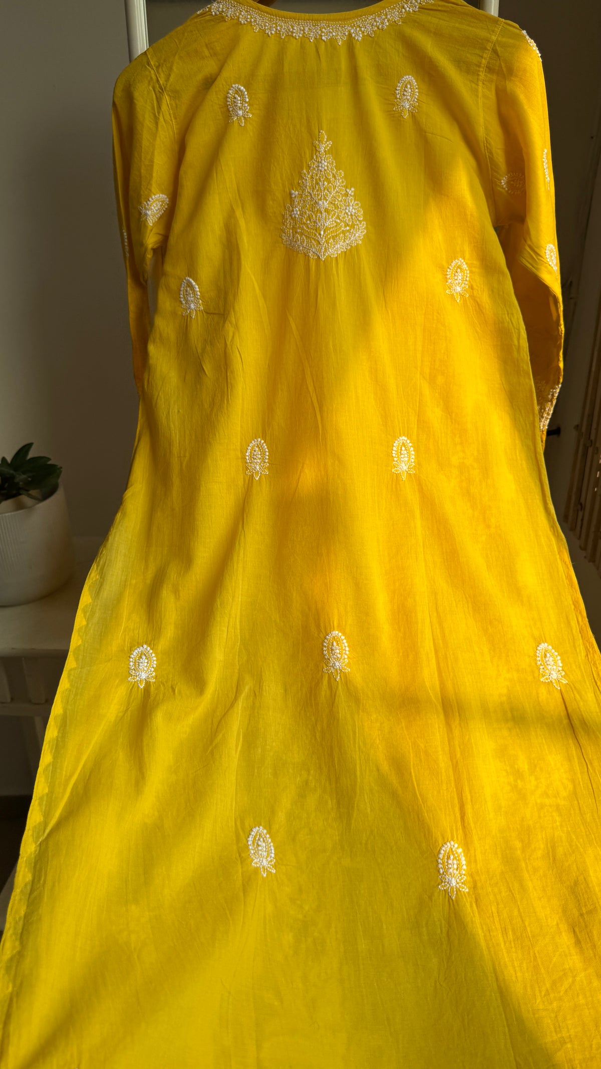 Mul Cotton Chikankari Kurti with white thread work - Yellow - Fiza Collection