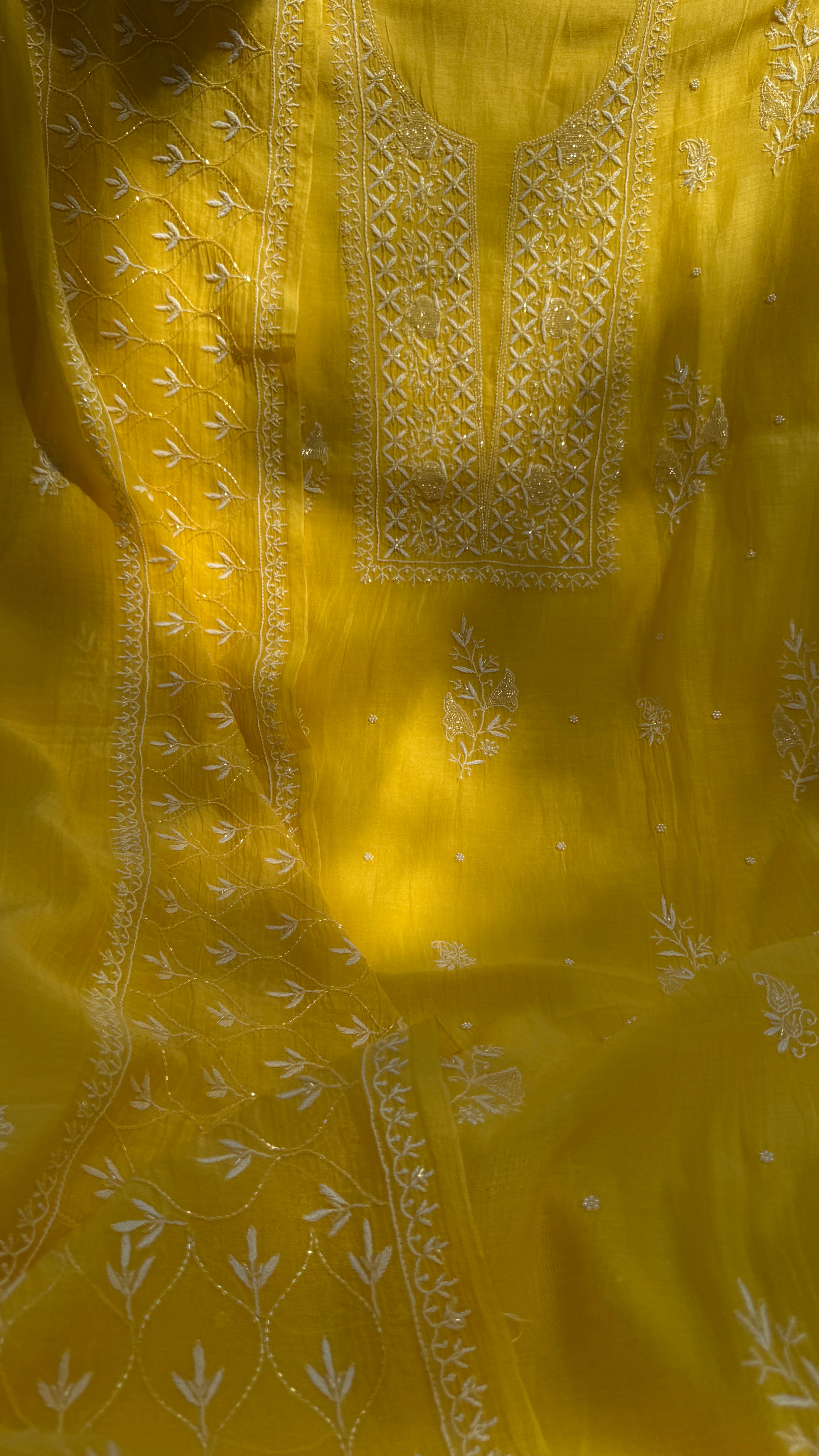 Mul Chanderi Chikankari - Unstitched Set - Yellow