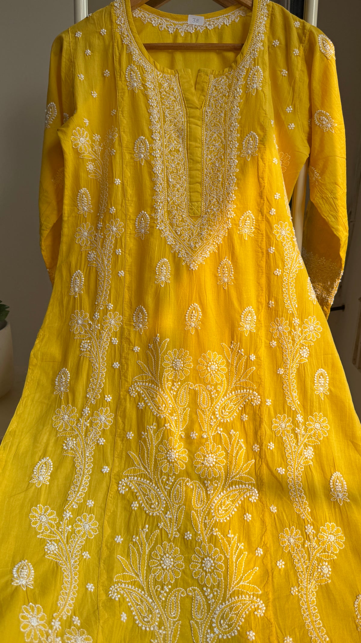 Mul Cotton Chikankari Kurti with white thread work - Yellow - Fiza Collection