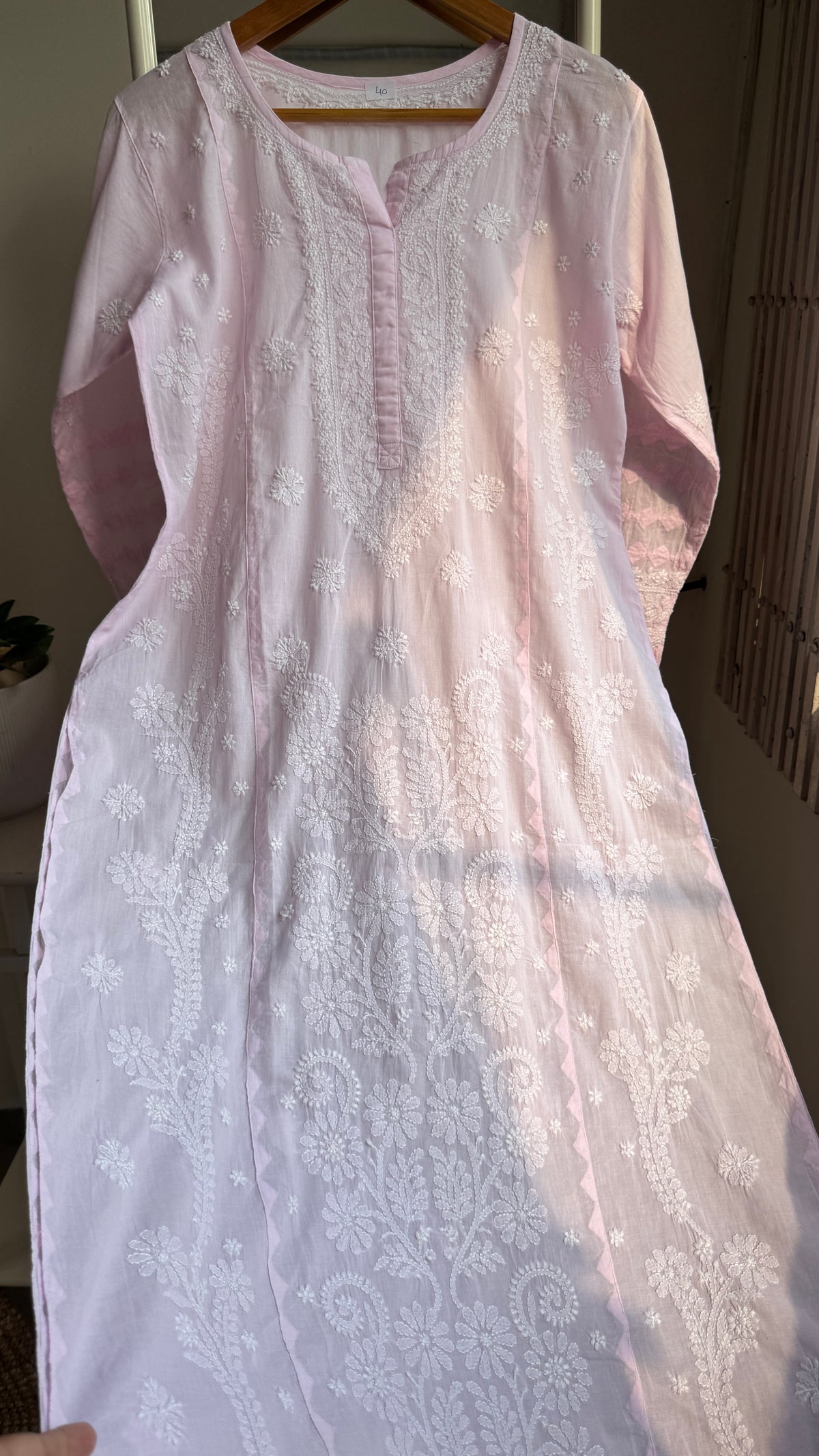 Mul Cotton Chikankari Kurti with white thread work - Pink - Fiza Collection