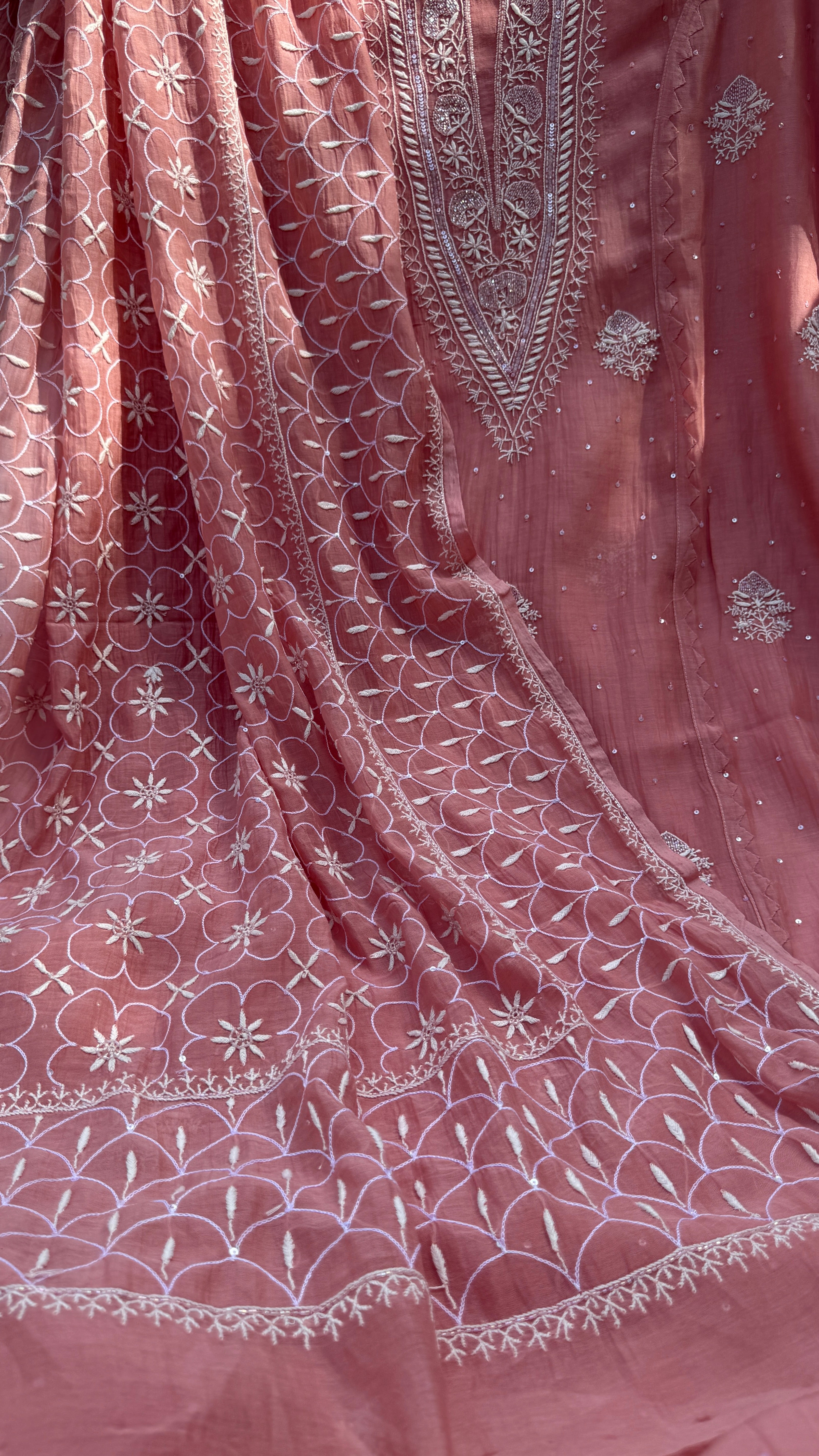 Mul Chanderi Chikankari - Unstitched Set - Rosewood