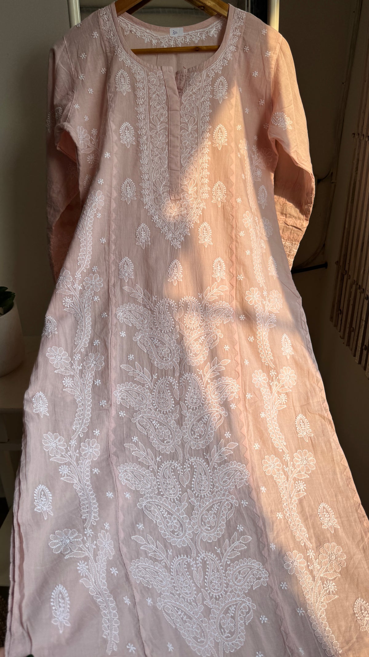 Mul Cotton Chikankari Kurti with white thread work - Pale Pink - Fiza Collection