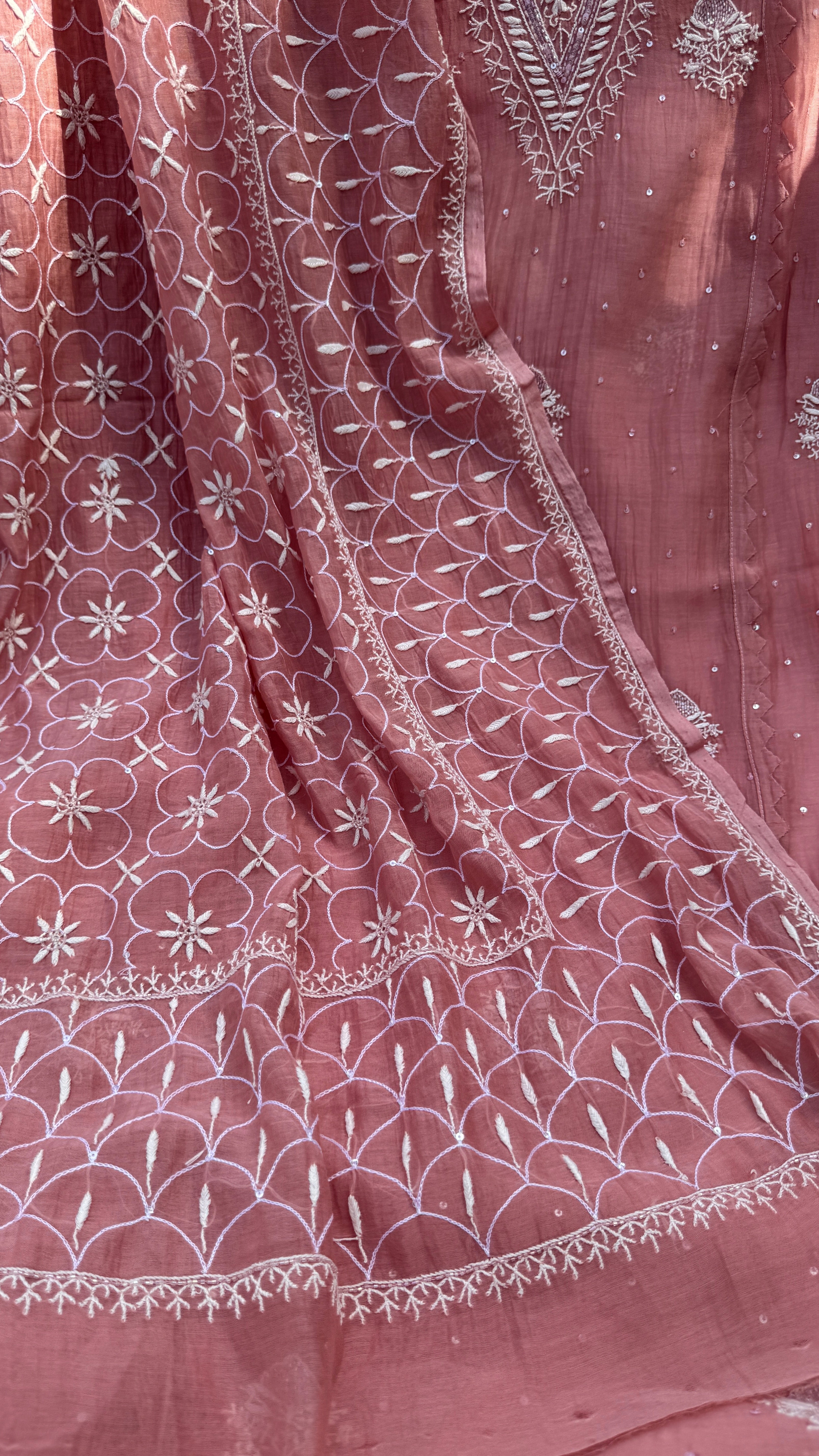 Mul Chanderi Chikankari - Unstitched Set - Rosewood