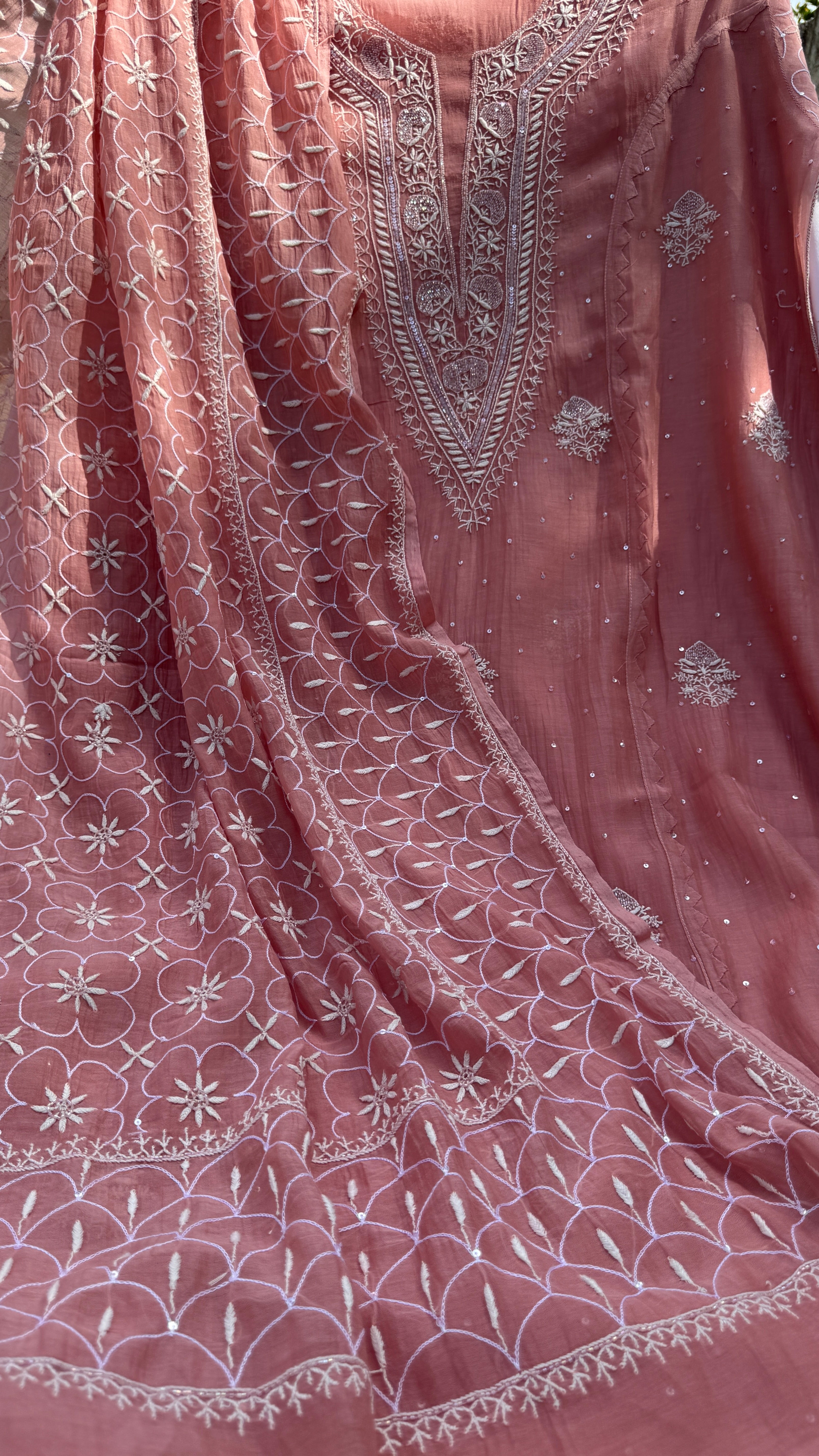 Mul Chanderi Chikankari - Unstitched Set - Rosewood
