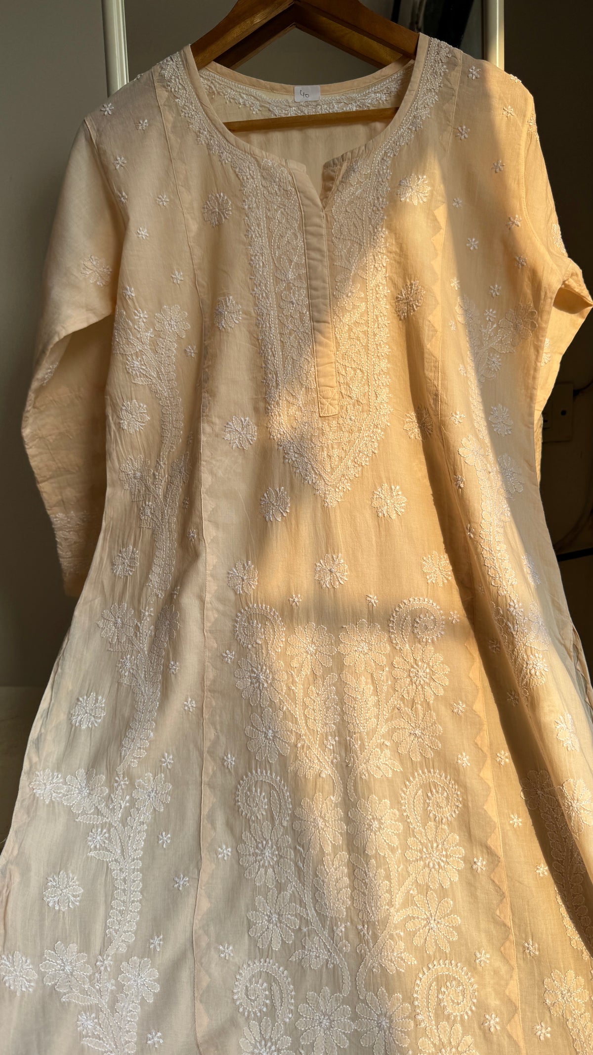Mul Cotton Chikankari Kurti with white thread work - Cream - Fiza Collection