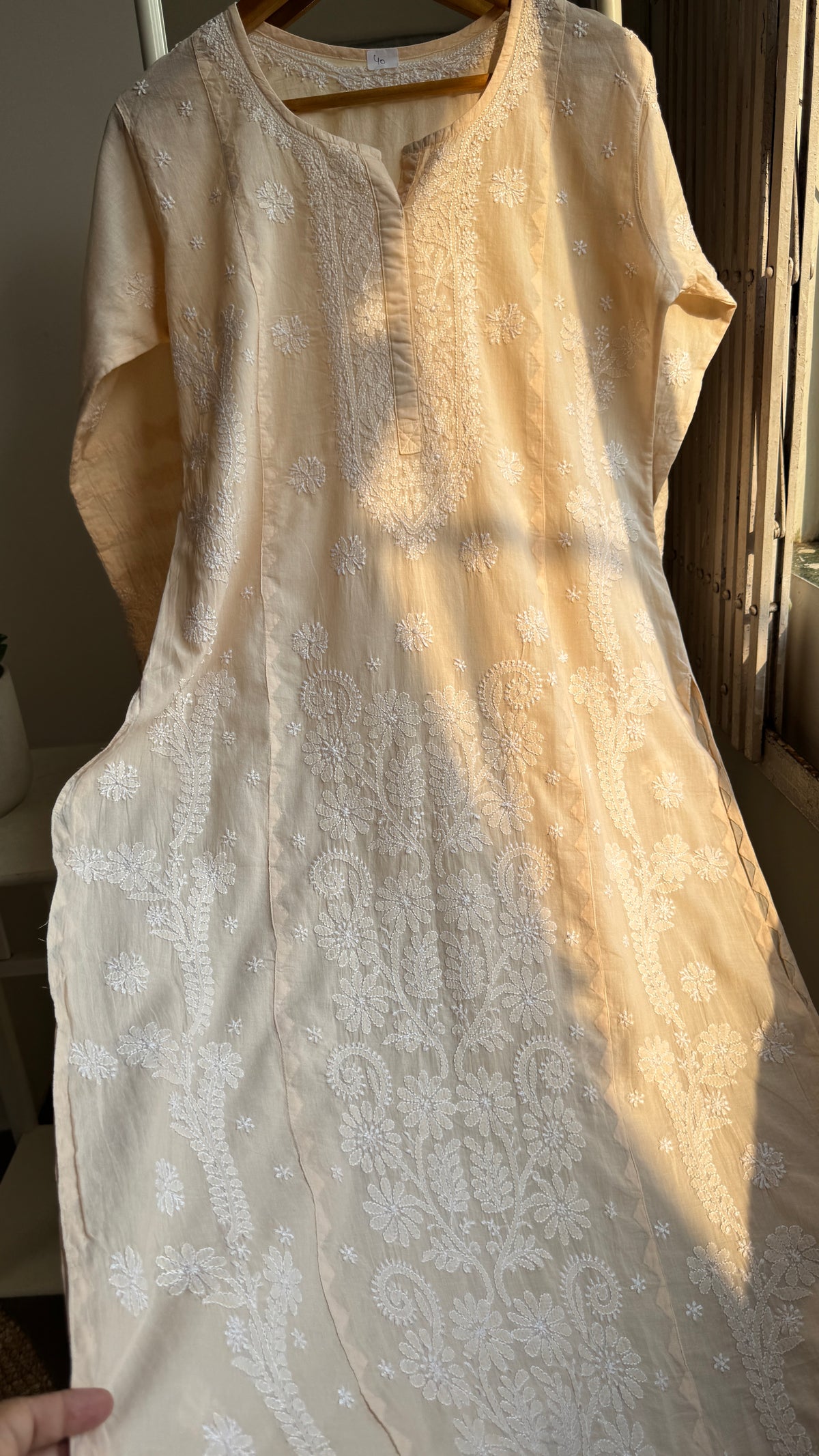 Mul Cotton Chikankari Kurti with white thread work - Cream - Fiza Collection