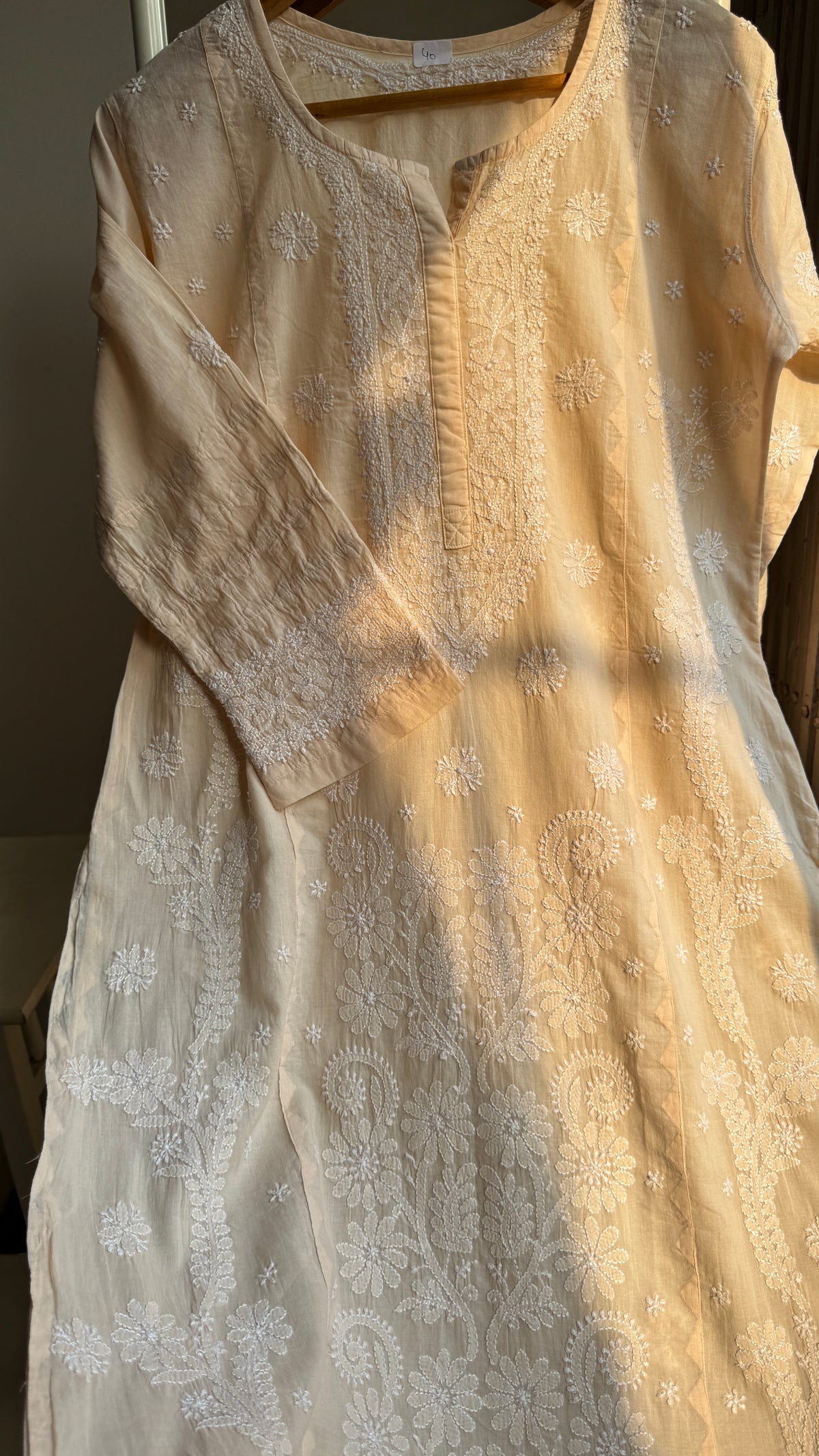 Mul Cotton Chikankari Kurti with white thread work - Cream - Fiza Collection