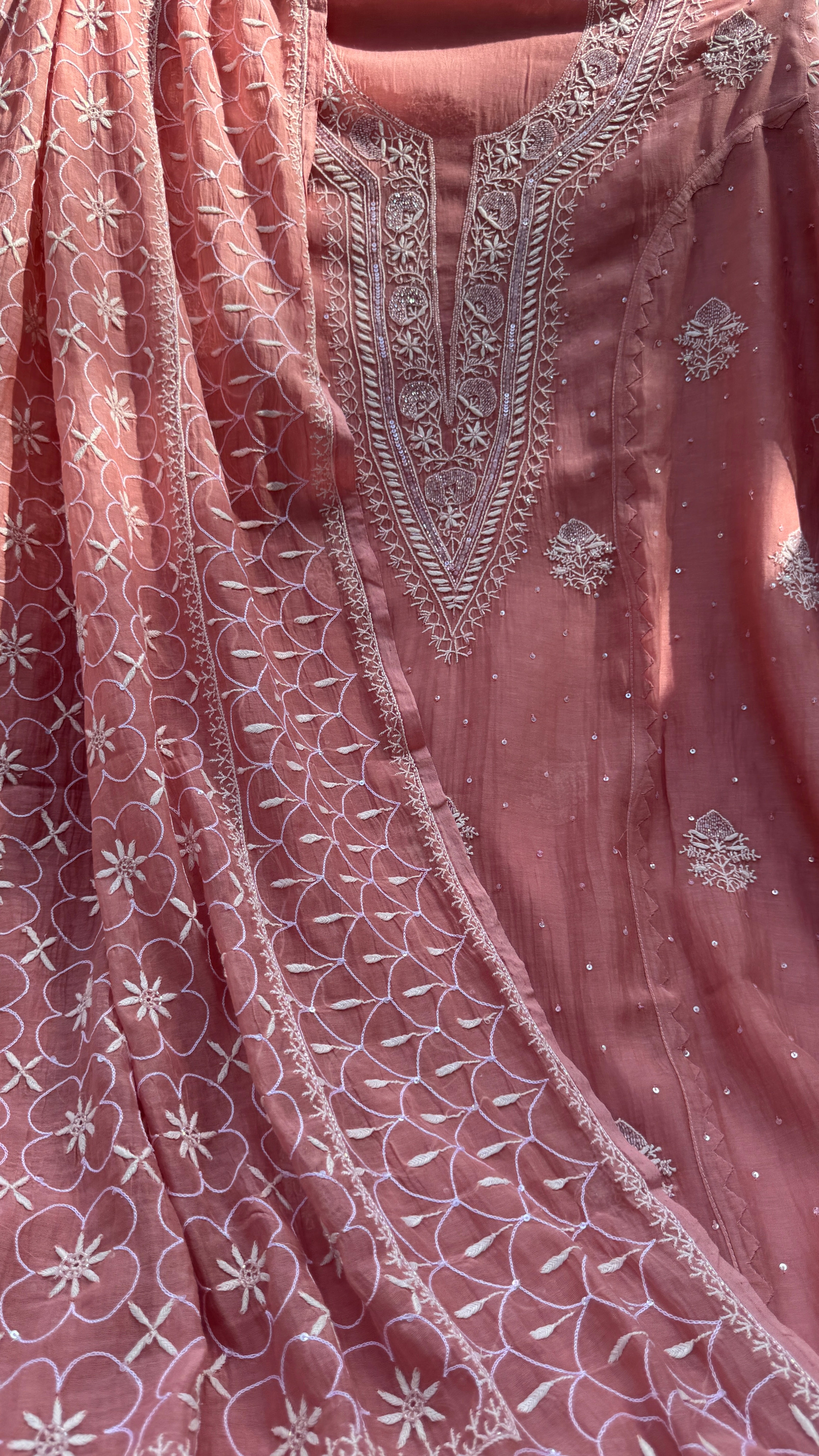 Mul Chanderi Chikankari - Unstitched Set - Rosewood