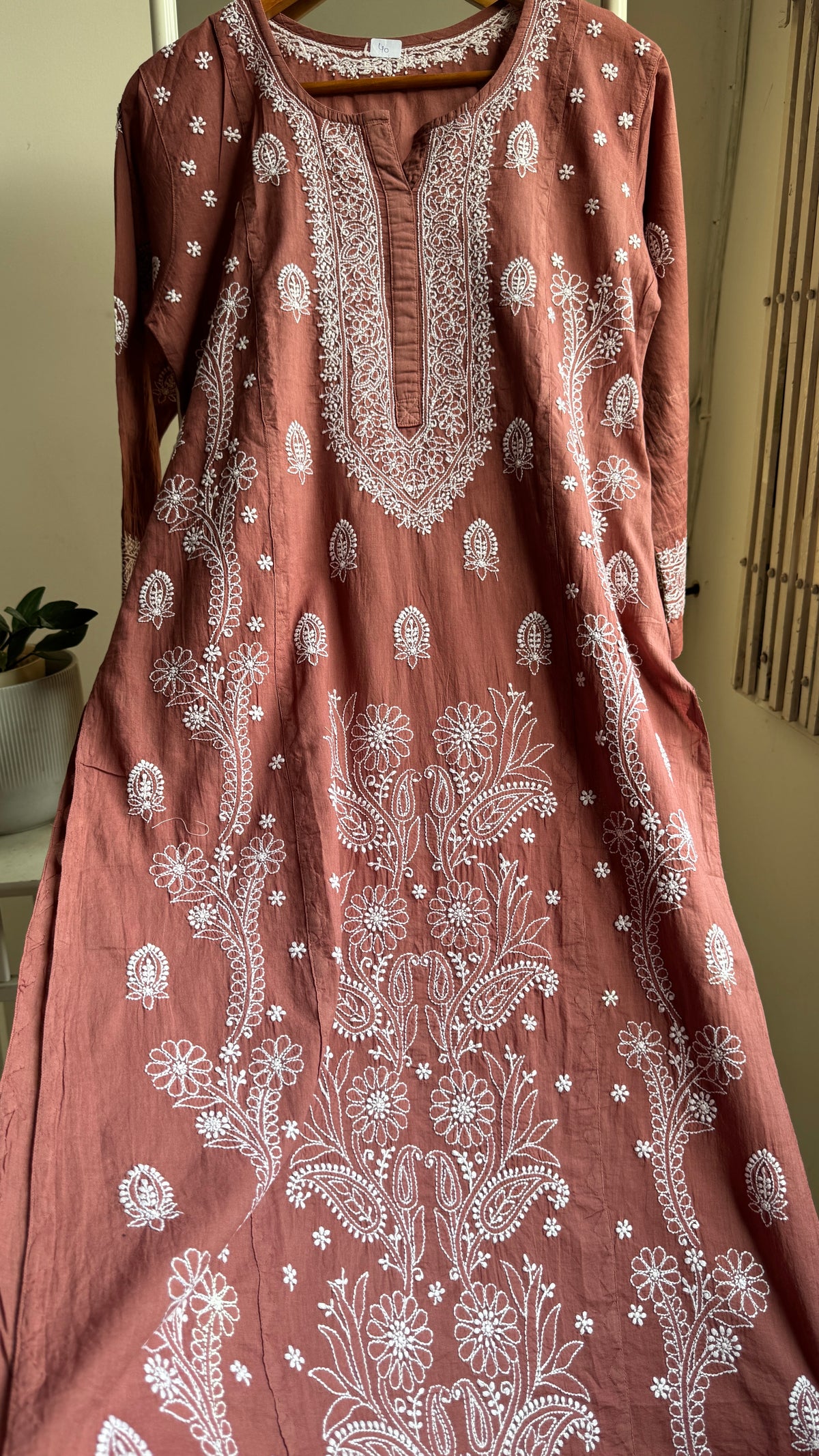 Mul Cotton Chikankari Kurti with white thread work - Brown - Fiza Collection
