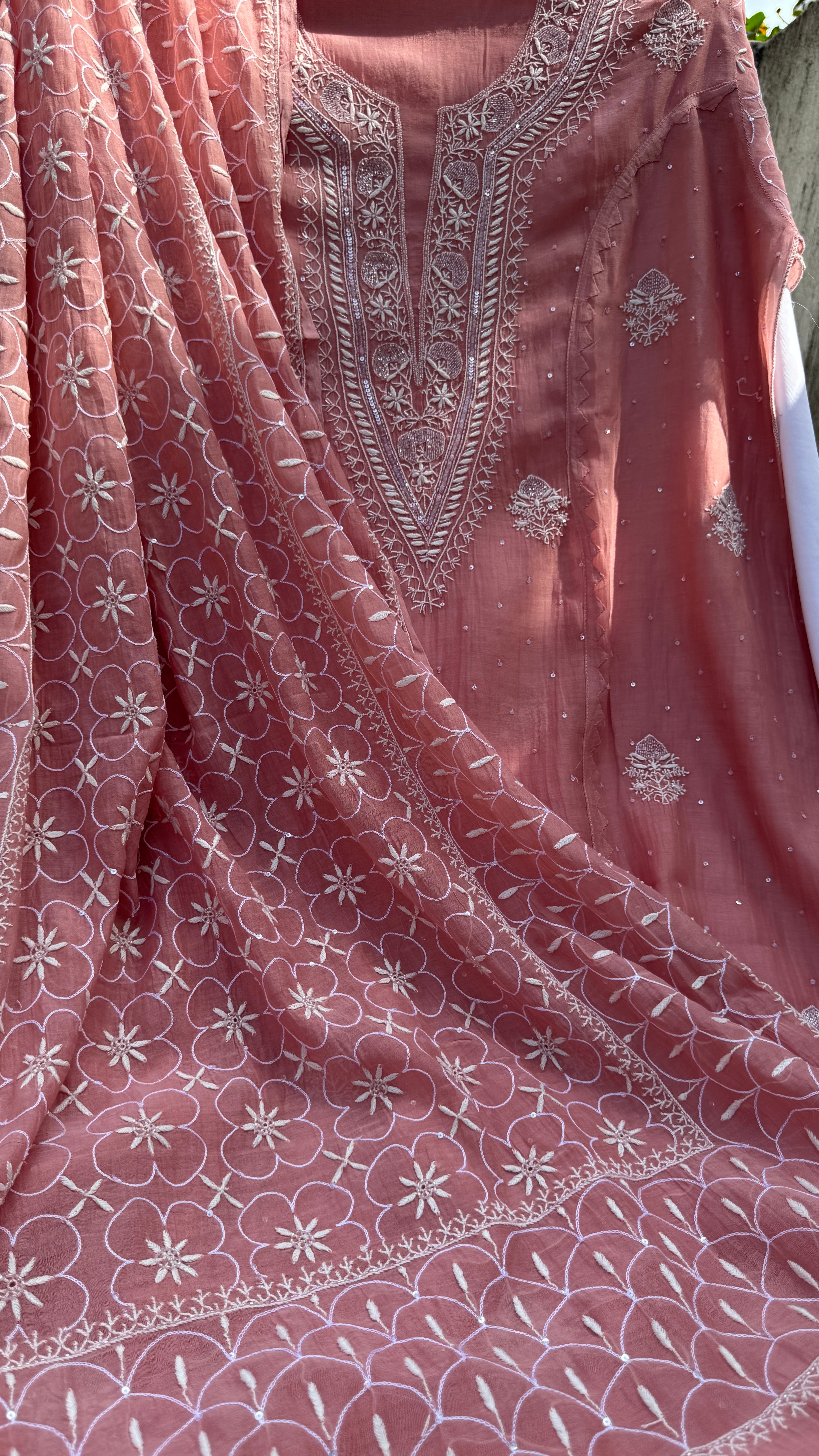 Mul Chanderi Chikankari - Unstitched Set - Rosewood