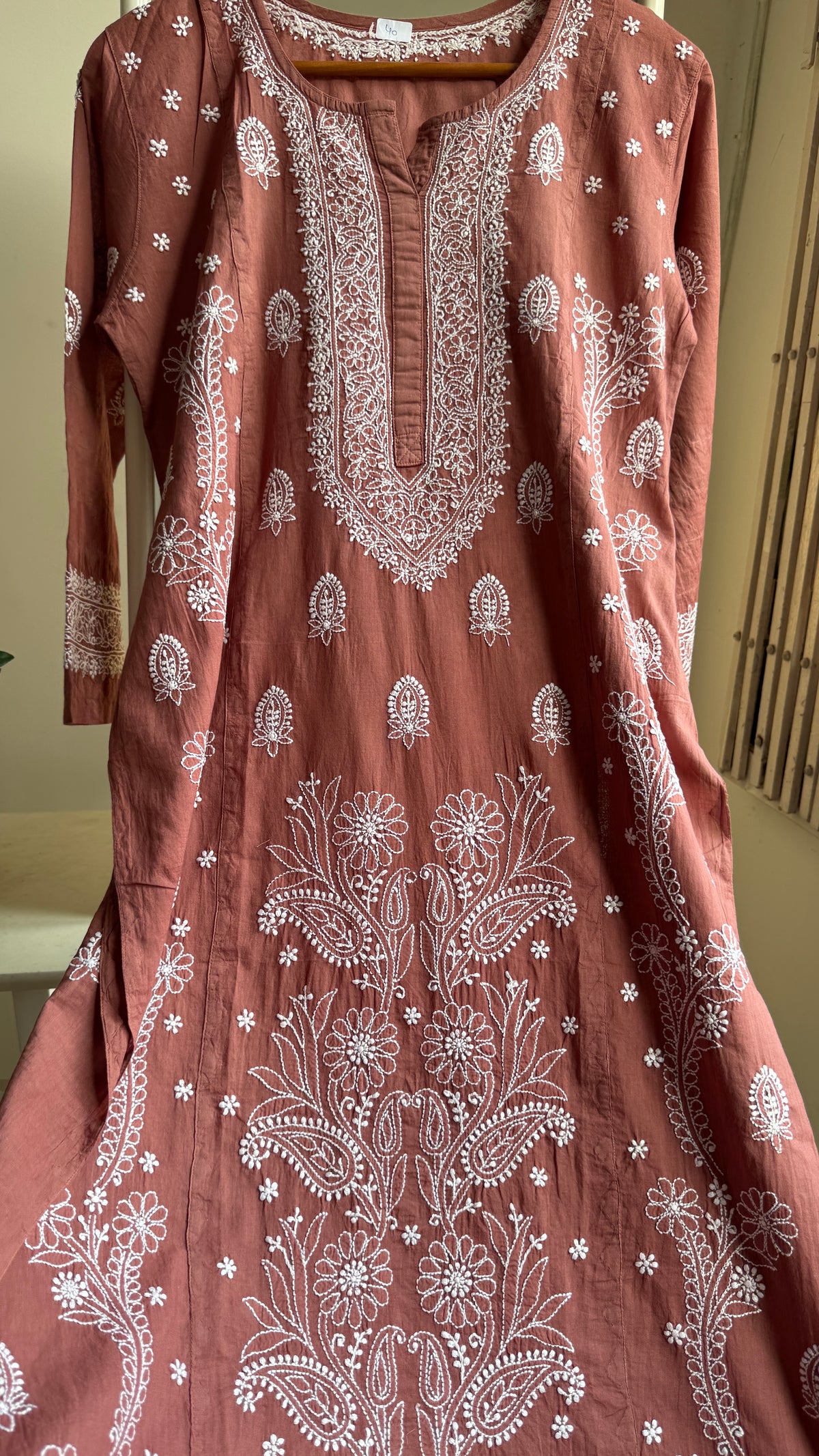 Mul Cotton Chikankari Kurti with white thread work - Brown - Fiza Collection