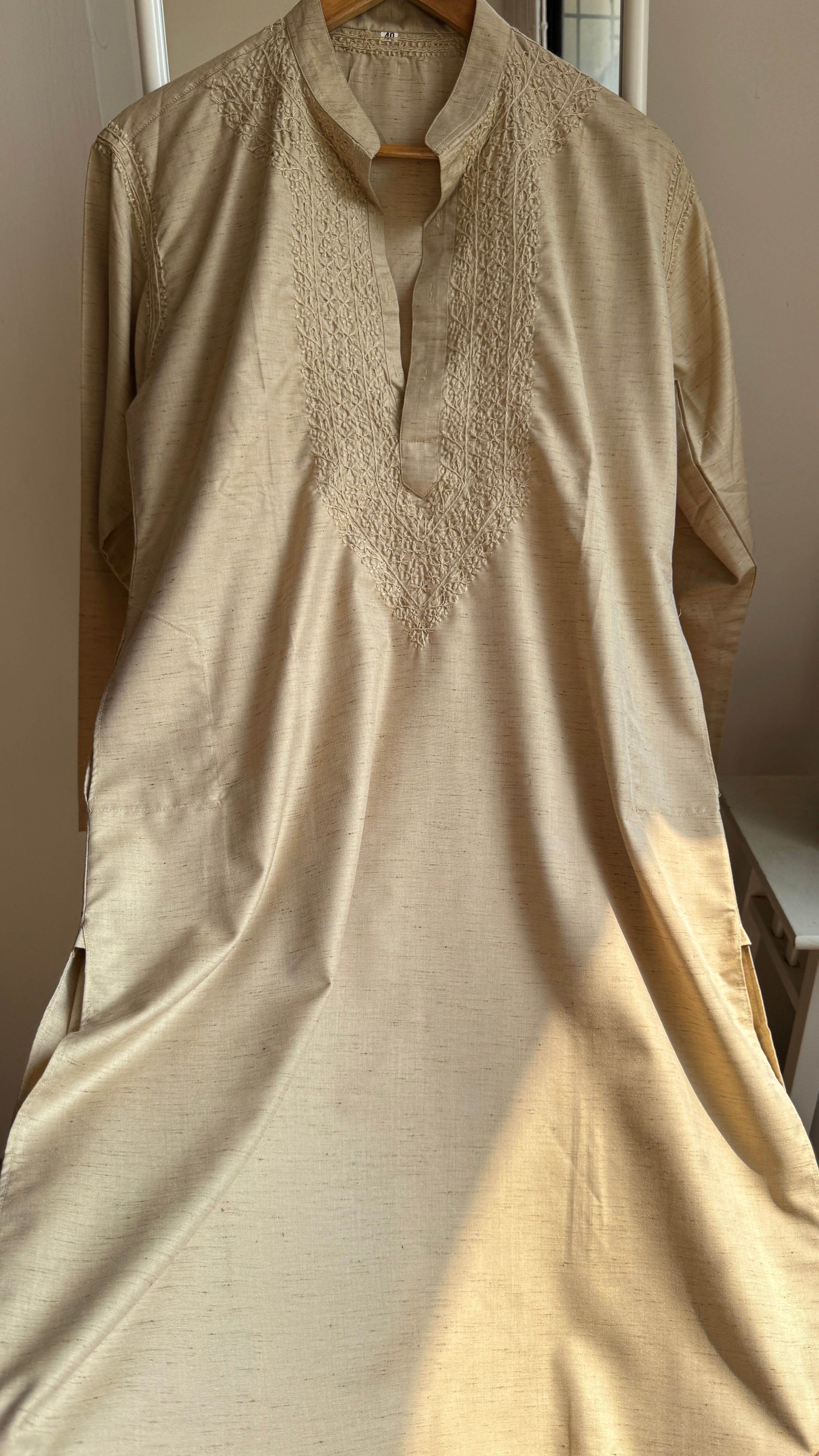 Cotton Chikankari Kurta - Beige - Men's Collection