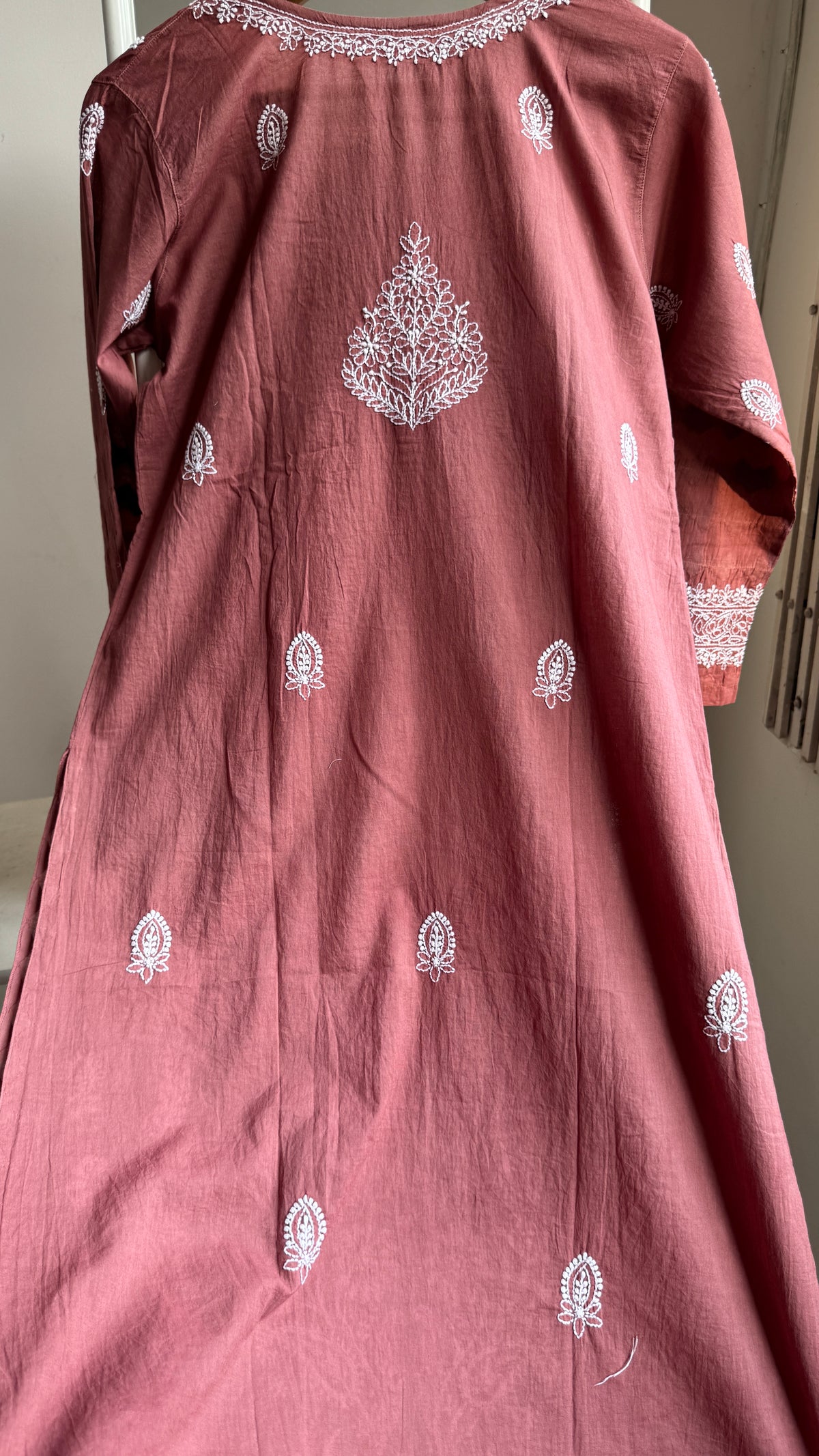 Mul Cotton Chikankari Kurti with white thread work - Brown - Fiza Collection