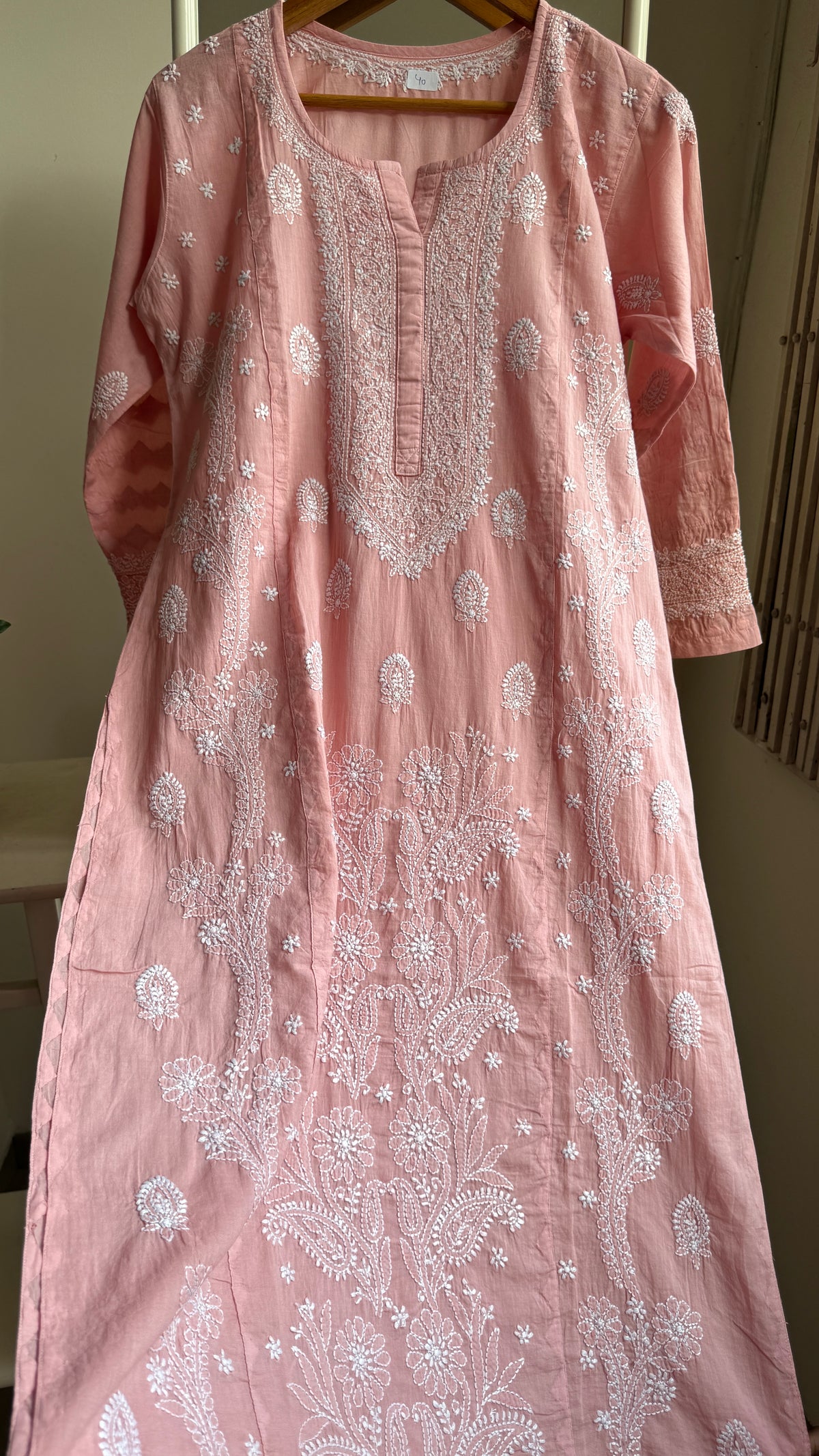 Mul Cotton Chikankari Kurti with white thread work - Rose Pink - Fiza Collection