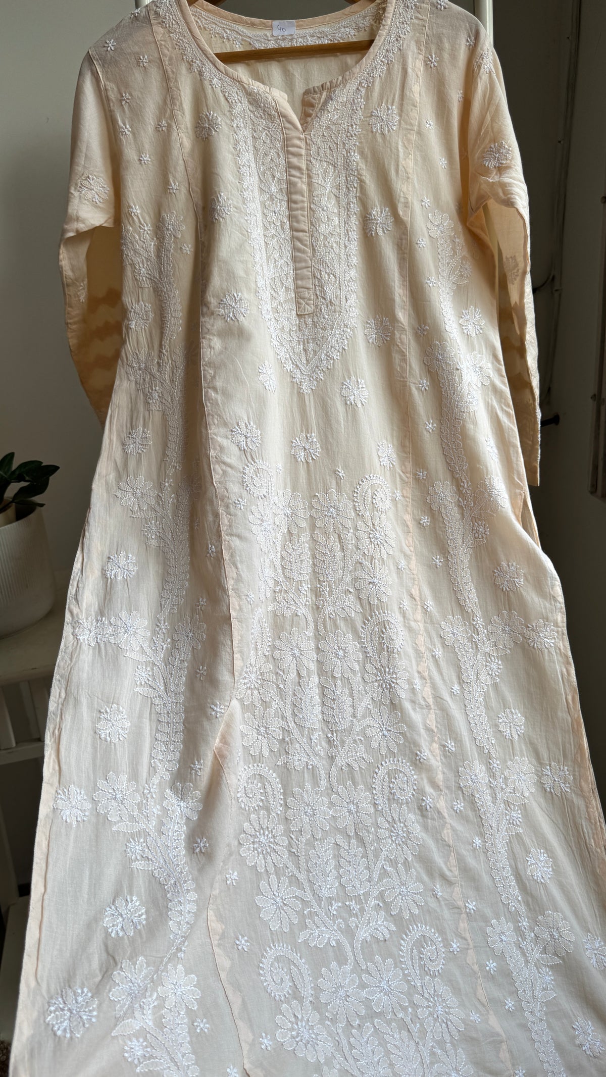 Mul Cotton Chikankari Kurti with white thread work - Cream - Fiza Collection