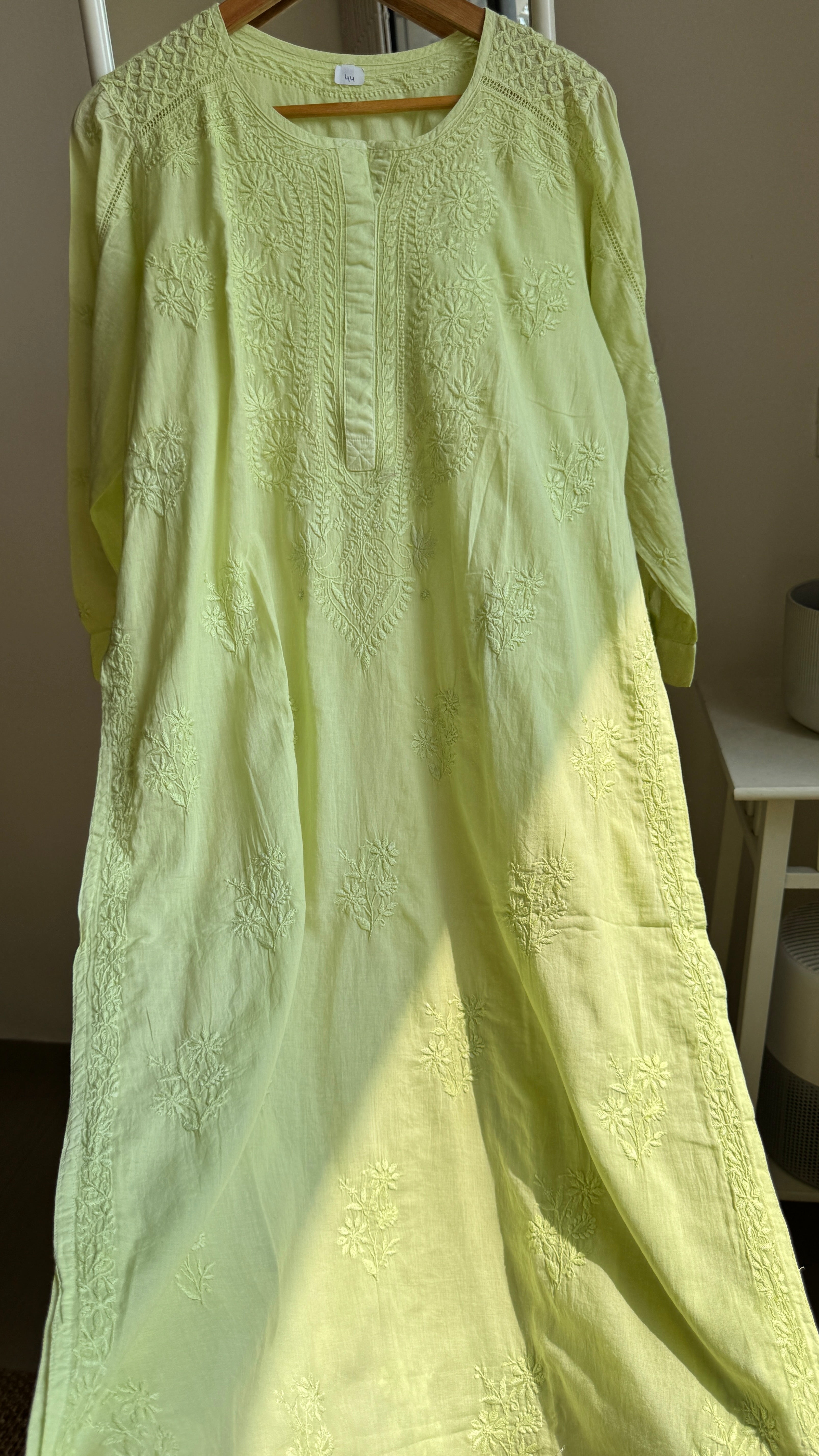 Mul Cotton Apple Green Chikankari Kurti - Saaz Collection