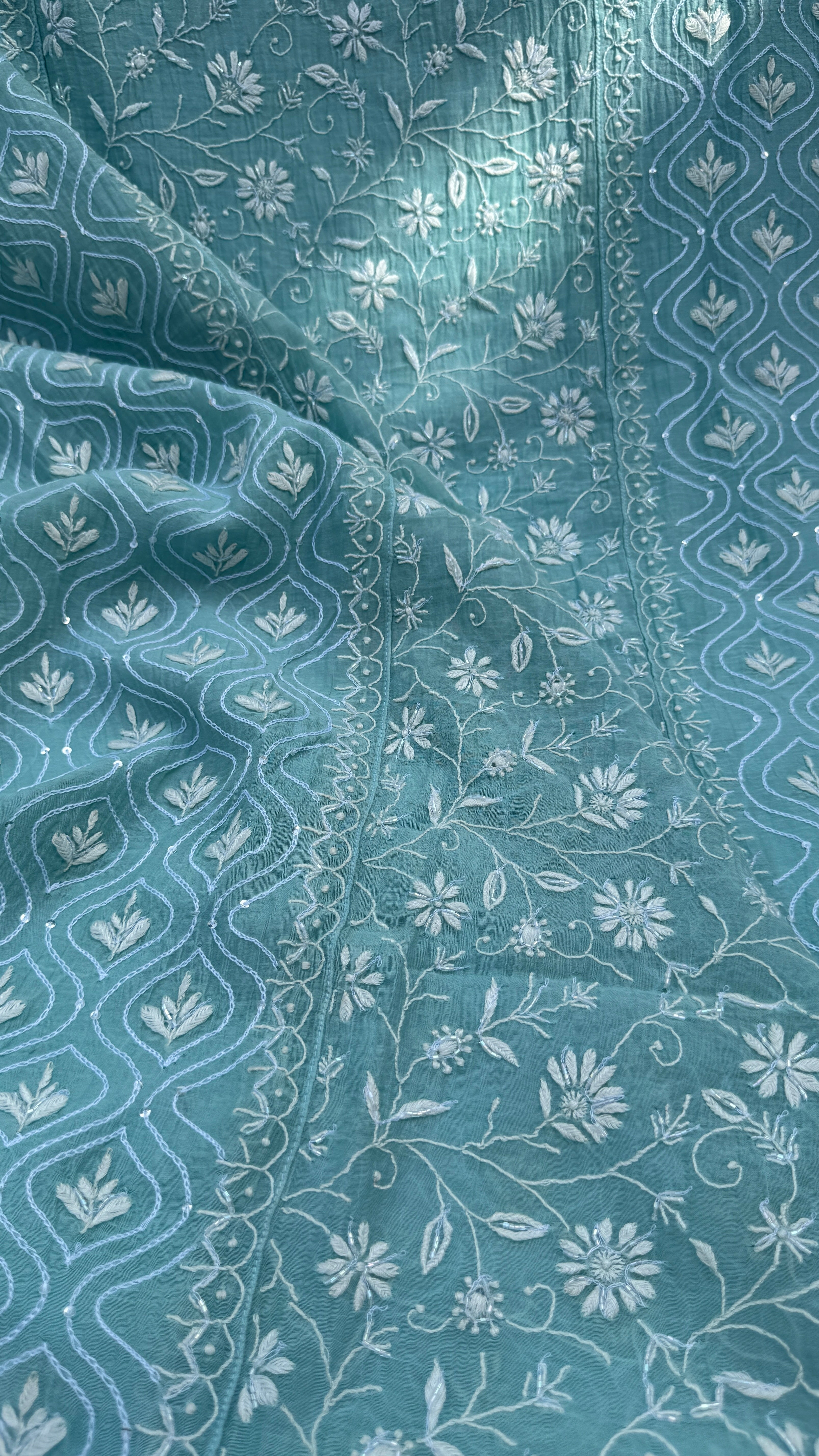 Mul Chanderi Chikankari - Unstitched Set - Turquoise Blue