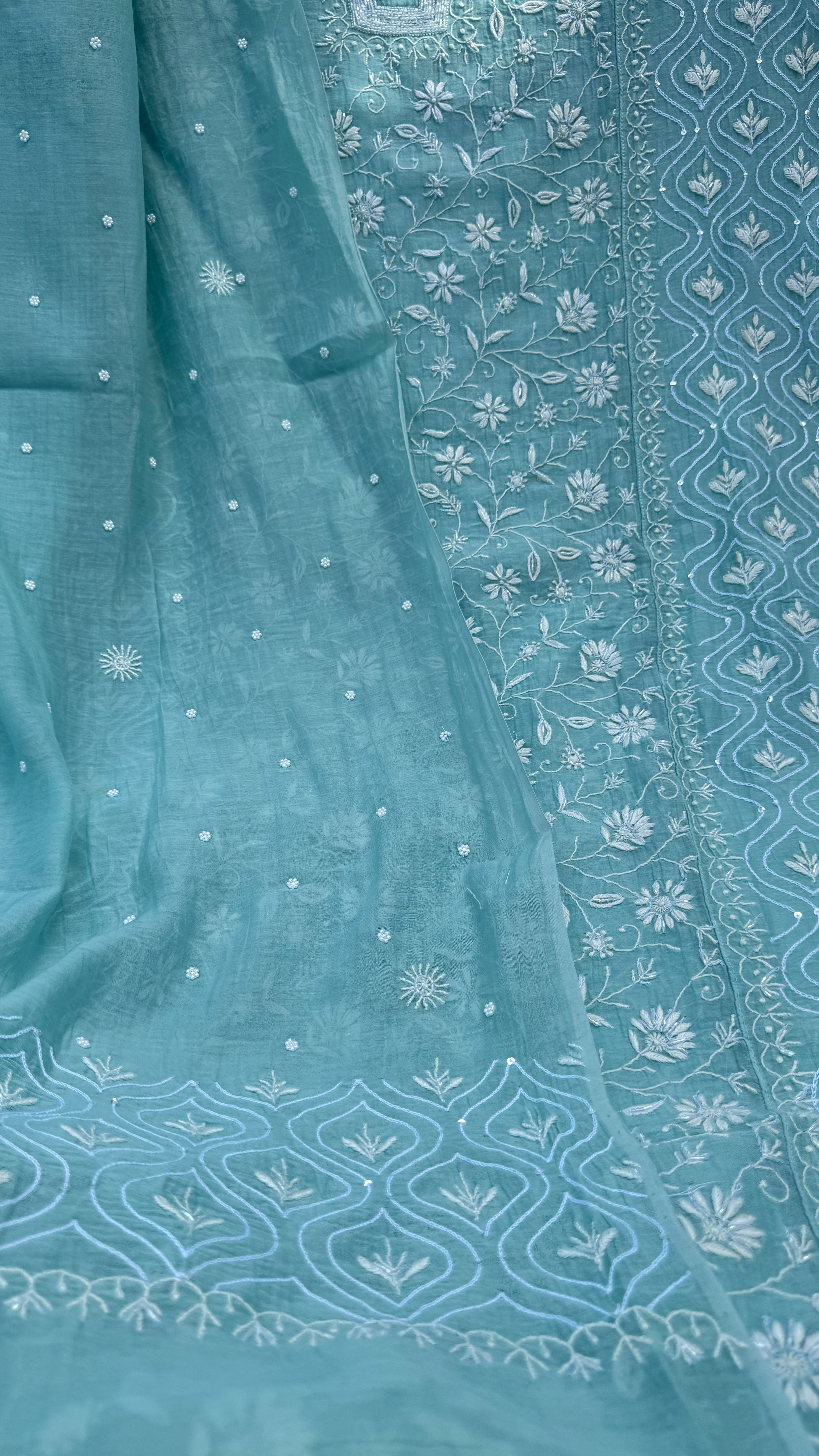 Mul Chanderi Chikankari - Unstitched Set - Turquoise Blue