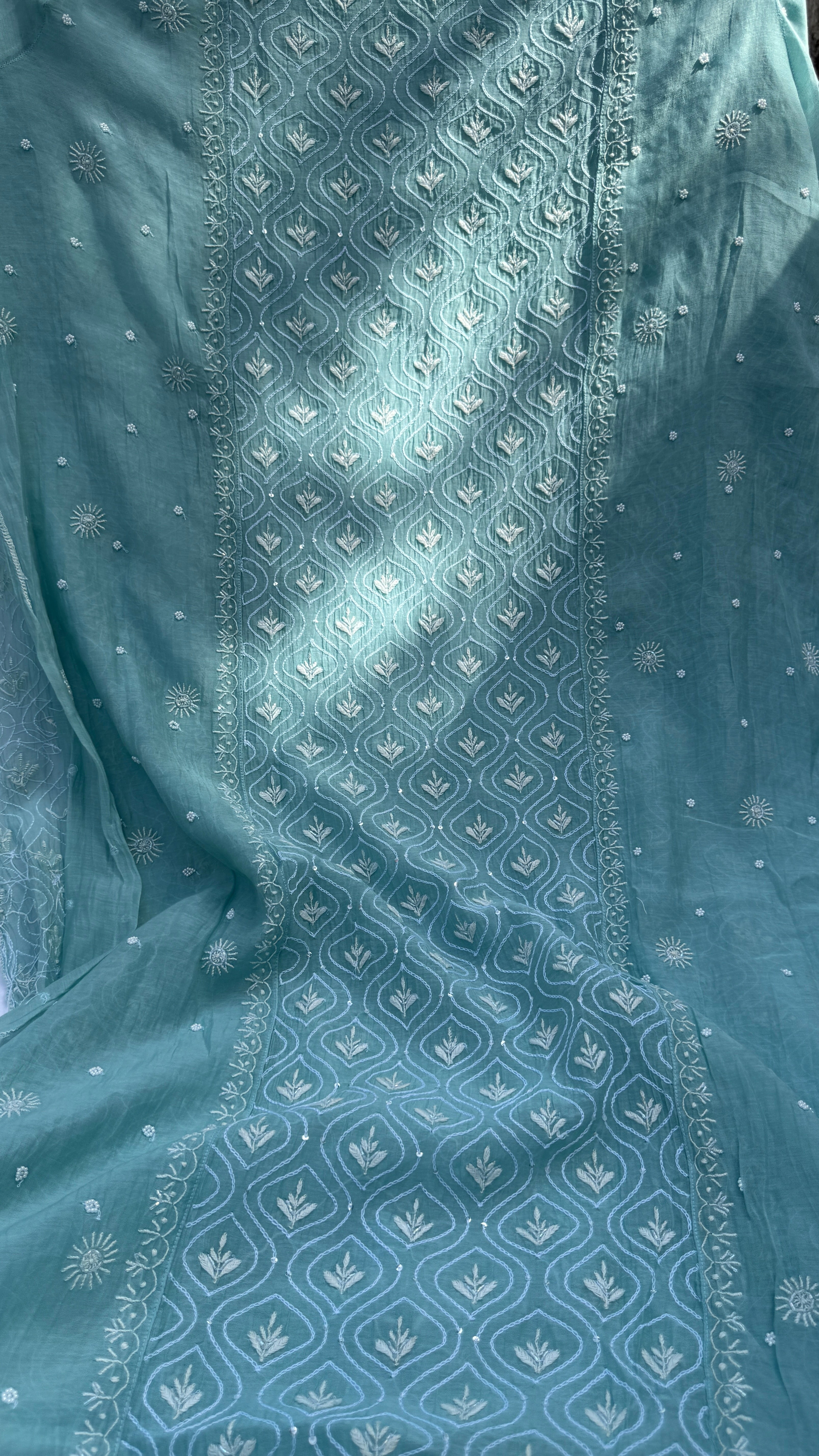 Mul Chanderi Chikankari - Unstitched Set - Turquoise Blue