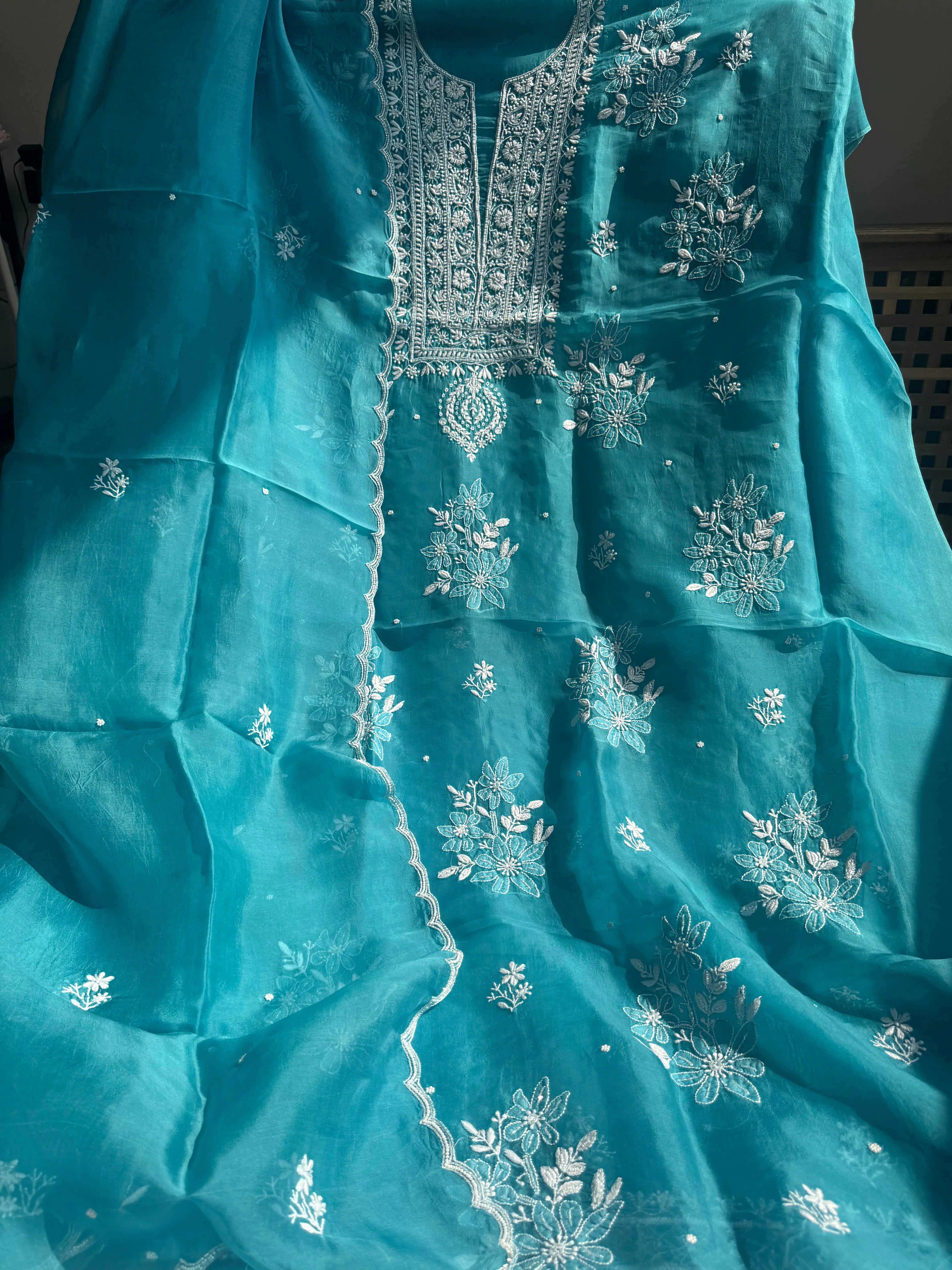 Organza Chikankari Length with Dupatta (Pearl Work) - Deep Blue ARIAA CHIKANKARI
