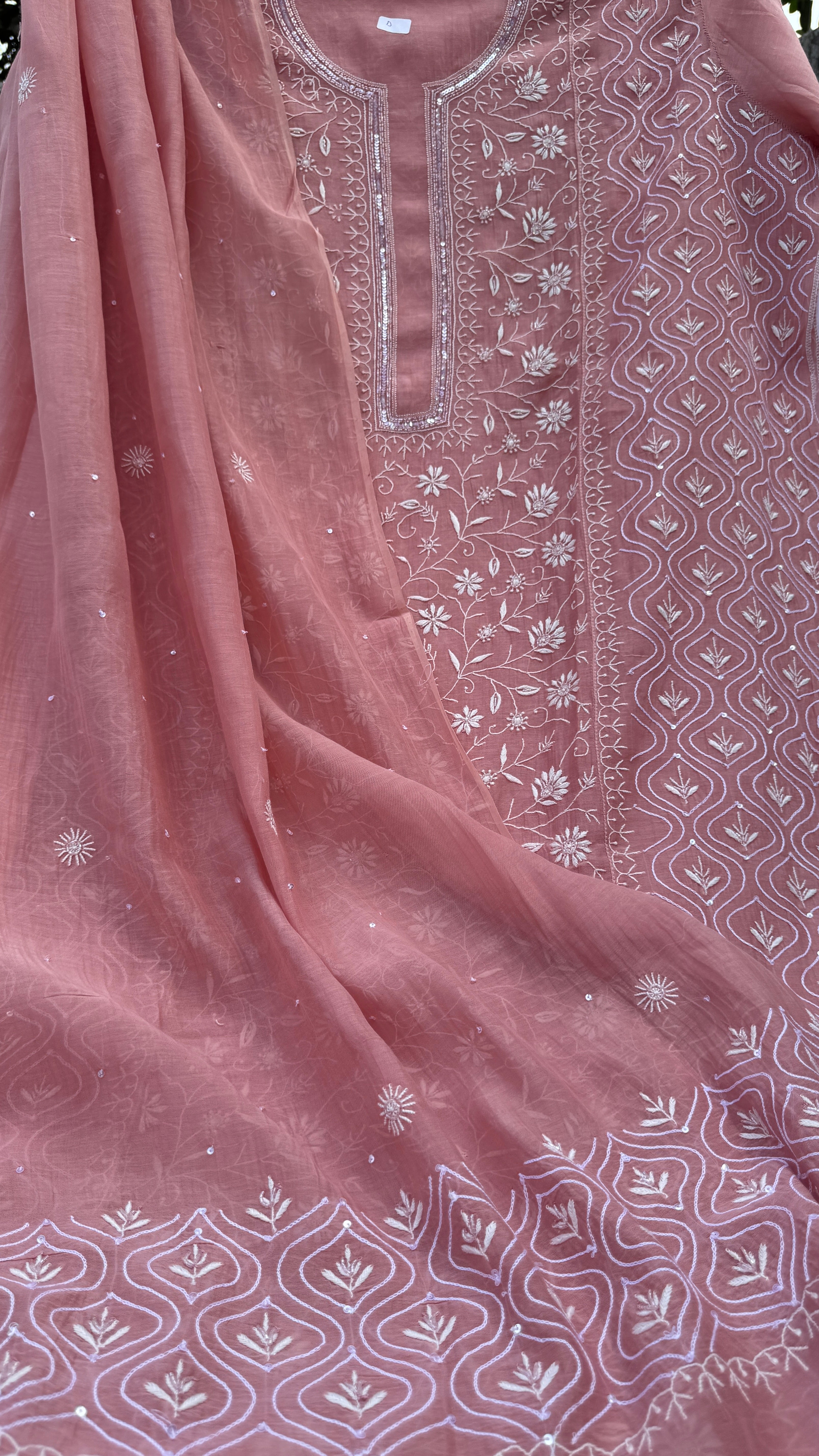 Mul Chanderi Chikankari - Unstitched Set - Rosewood Pink