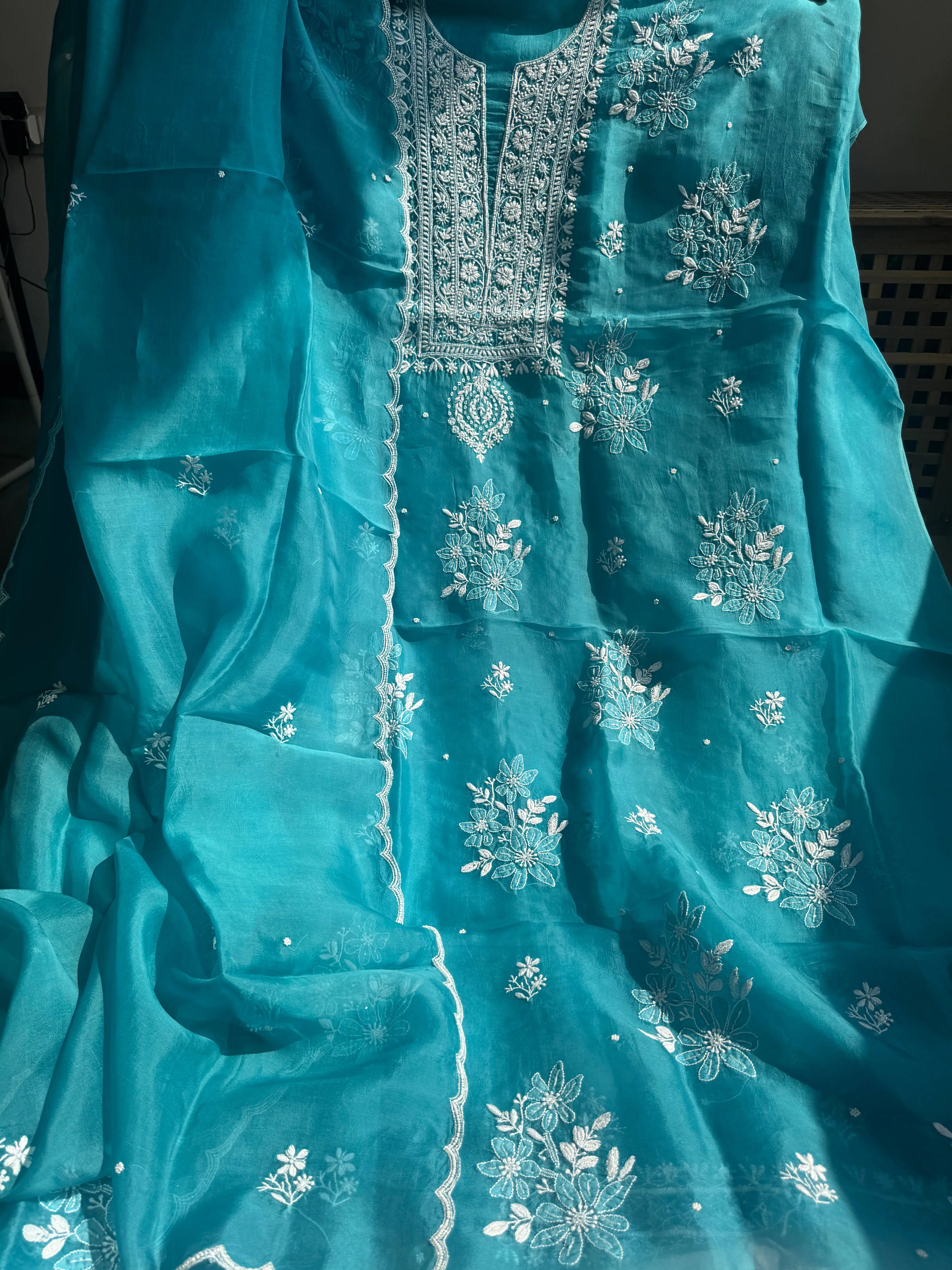 Organza Chikankari Length with Dupatta (Pearl Work) - Deep Blue ARIAA CHIKANKARI