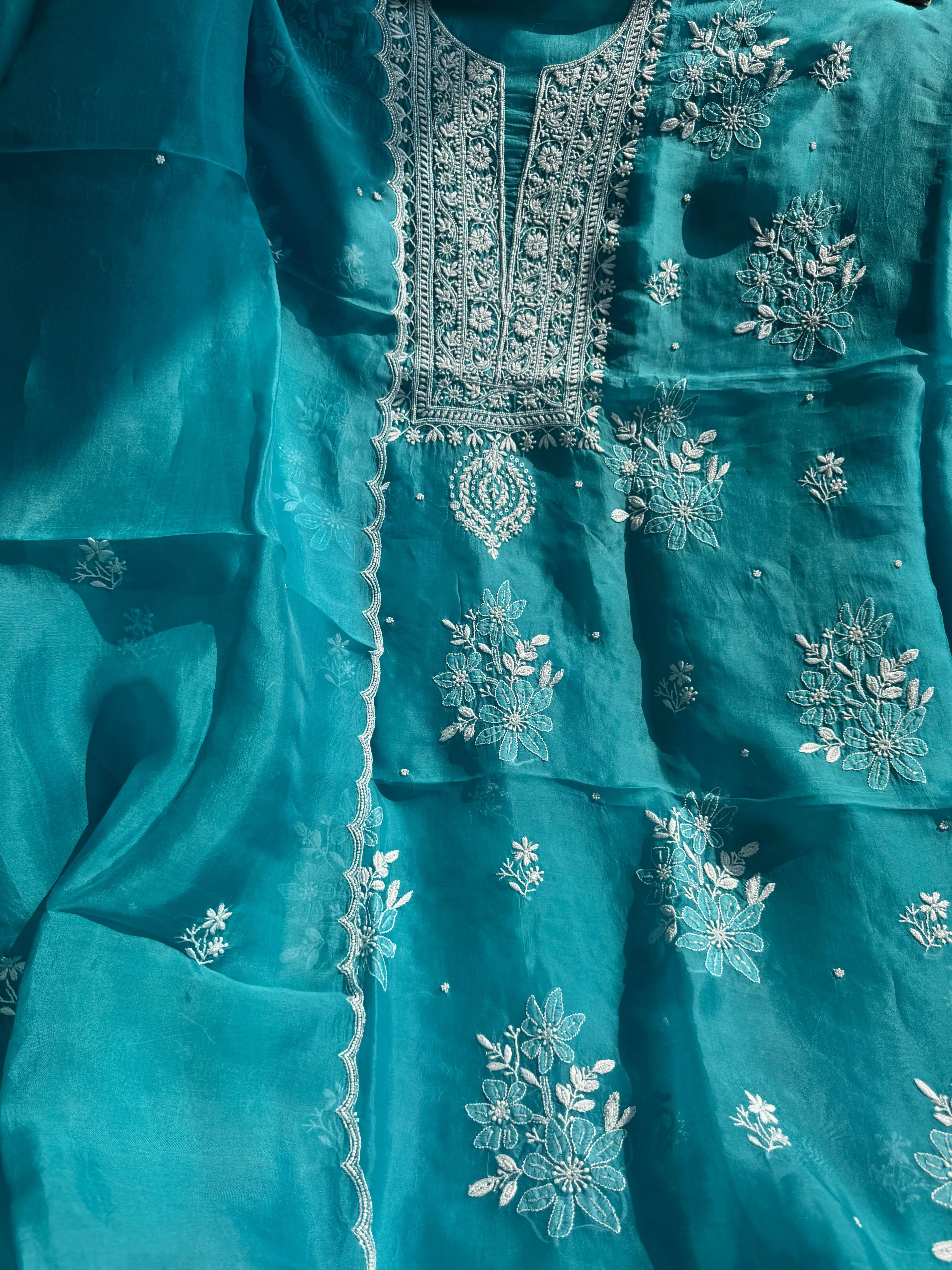 Organza Chikankari Length with Dupatta (Pearl Work) - Deep Blue ARIAA CHIKANKARI