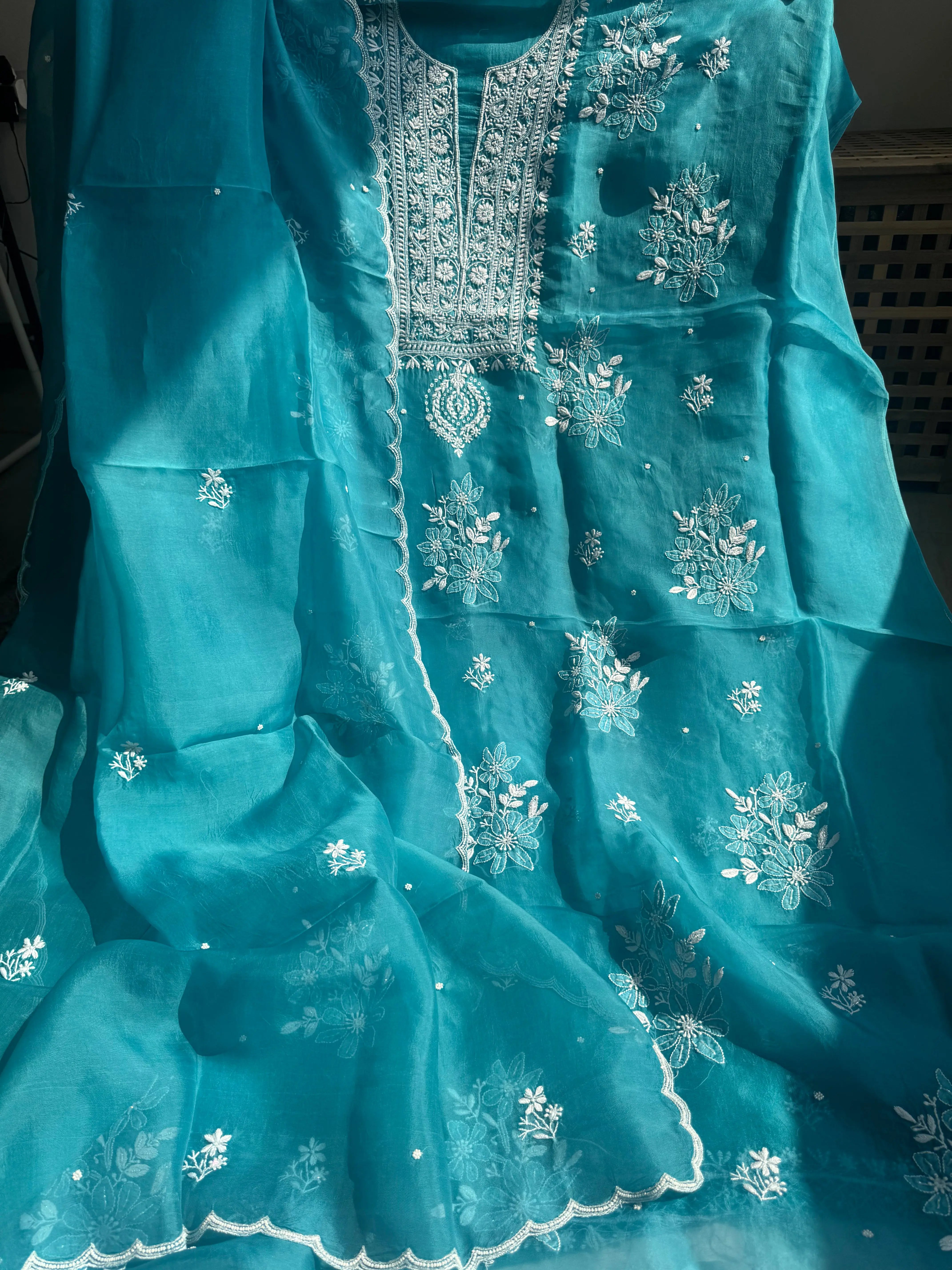 Organza Chikankari Length with Dupatta (Pearl Work) - Deep Blue ARIAA CHIKANKARI