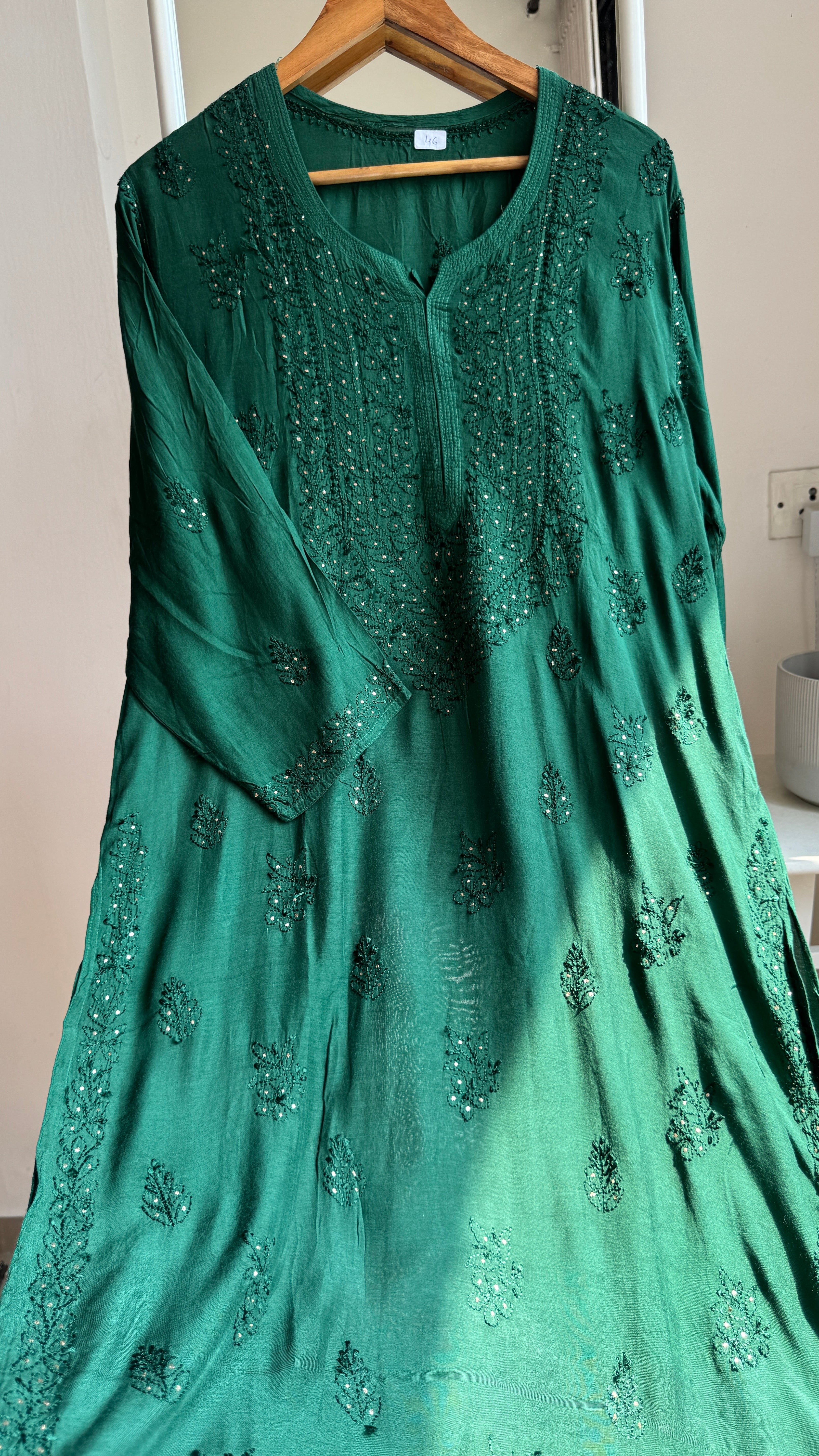 Muslin Chikankari Kurti with Mukaish work - Pine Green