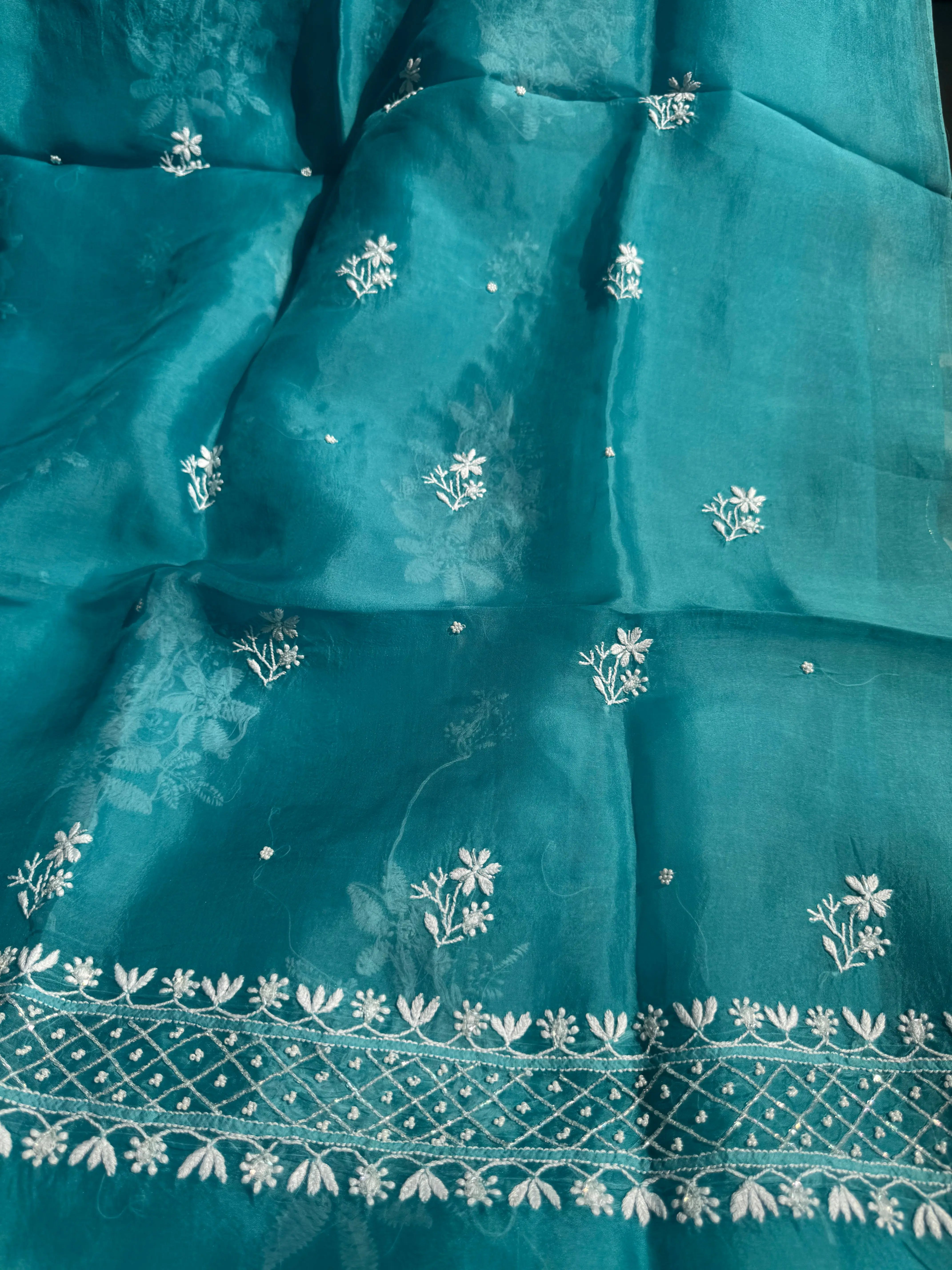 Organza Chikankari Length with Dupatta (Pearl Work) - Deep Blue ARIAA CHIKANKARI