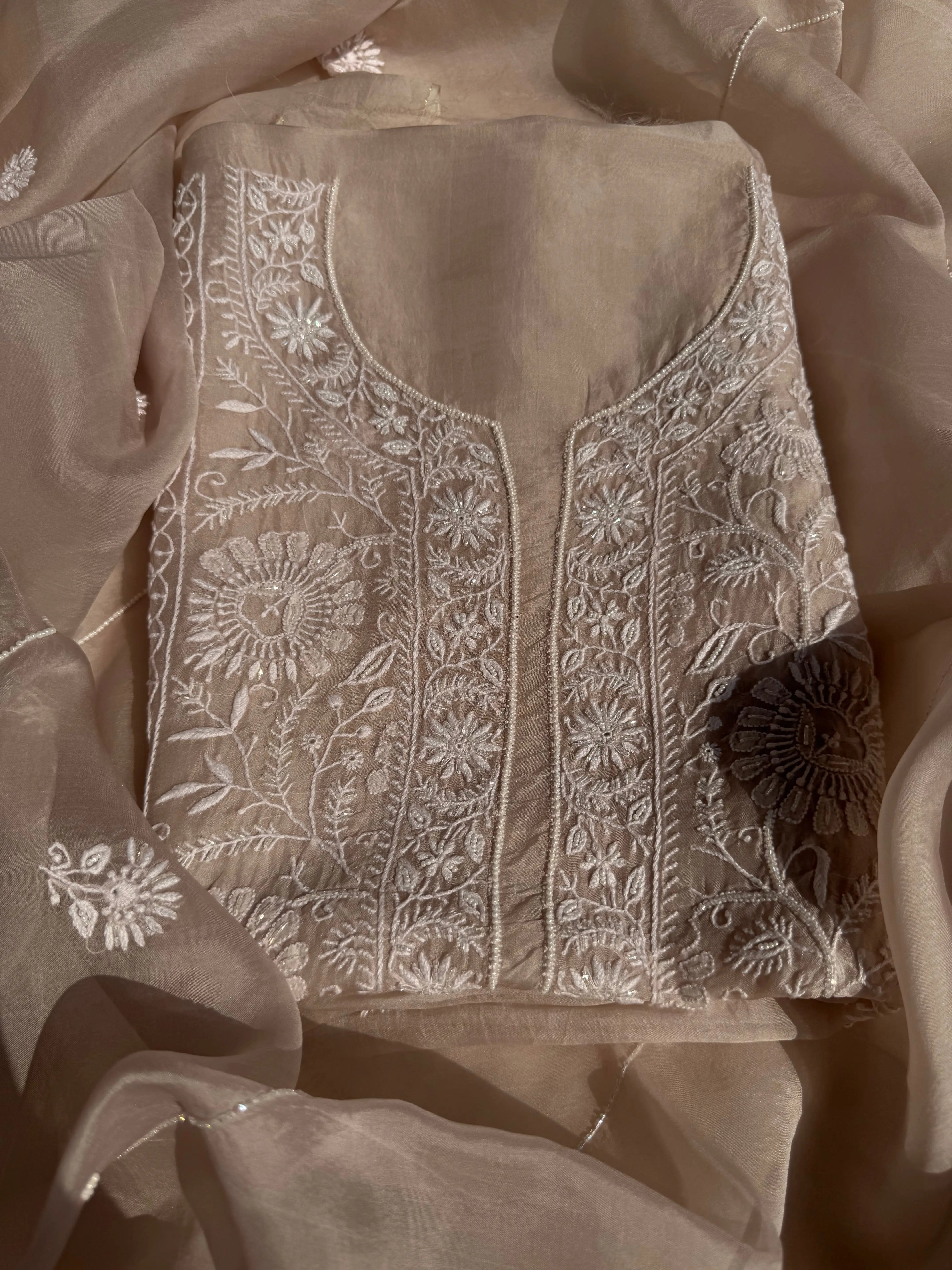 Organza Chikankari Length with Dupatta (Pearl Work) - Blush Pink ARIAA CHIKANKARI