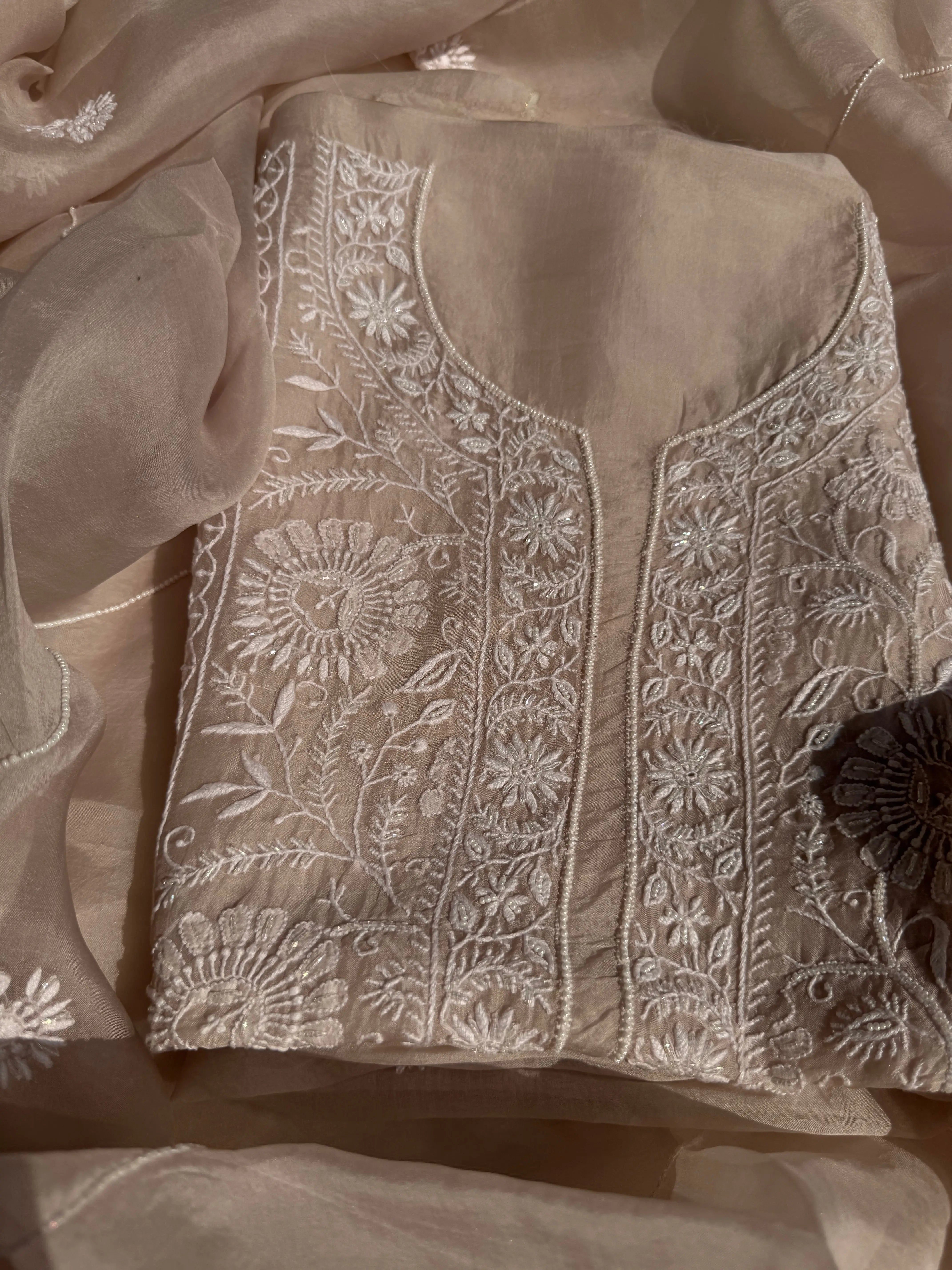 Organza Chikankari Length with Dupatta (Pearl Work) - Blush Pink ARIAA CHIKANKARI