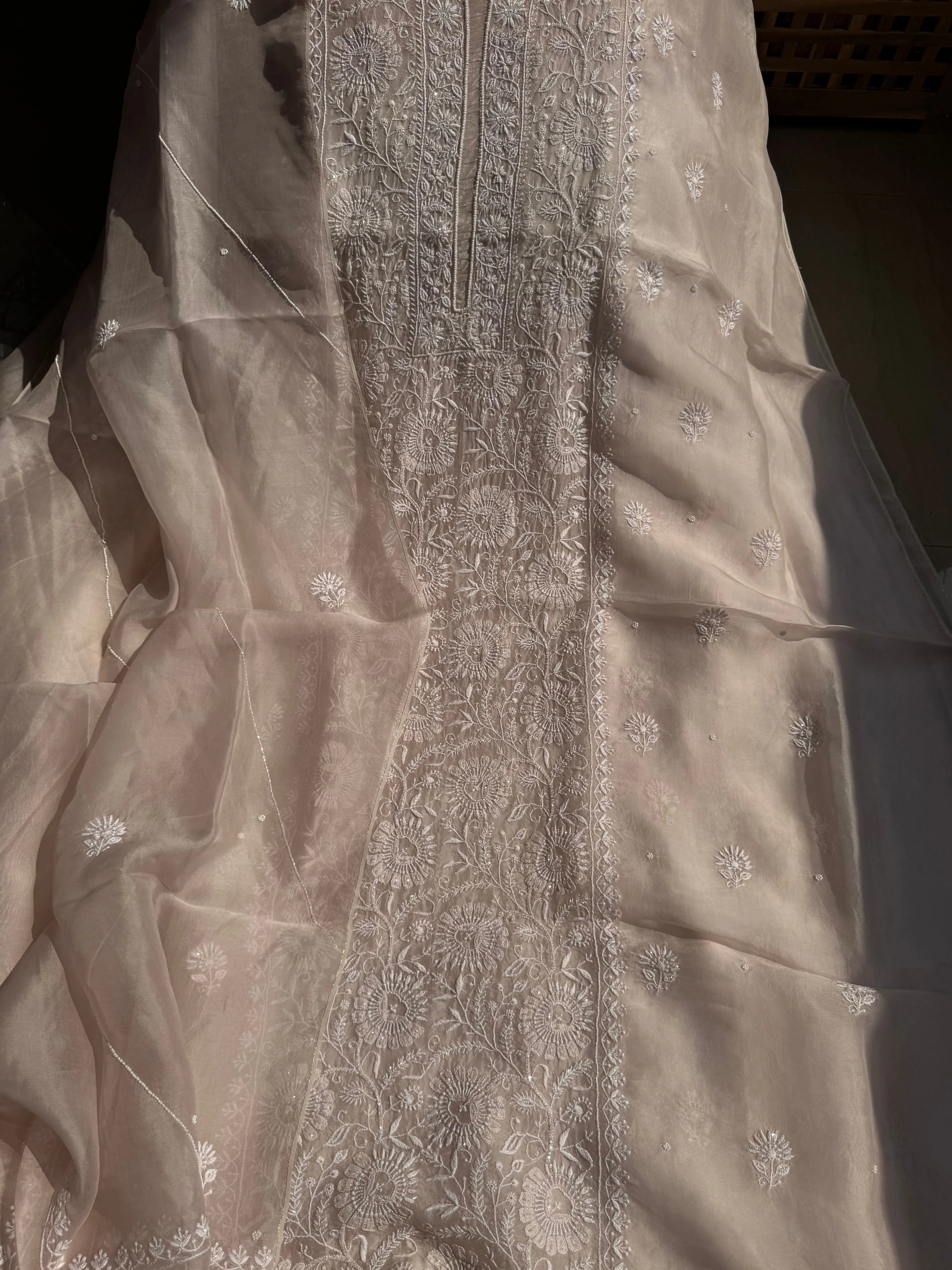 Organza Chikankari Length with Dupatta (Pearl Work) - Blush Pink ARIAA CHIKANKARI