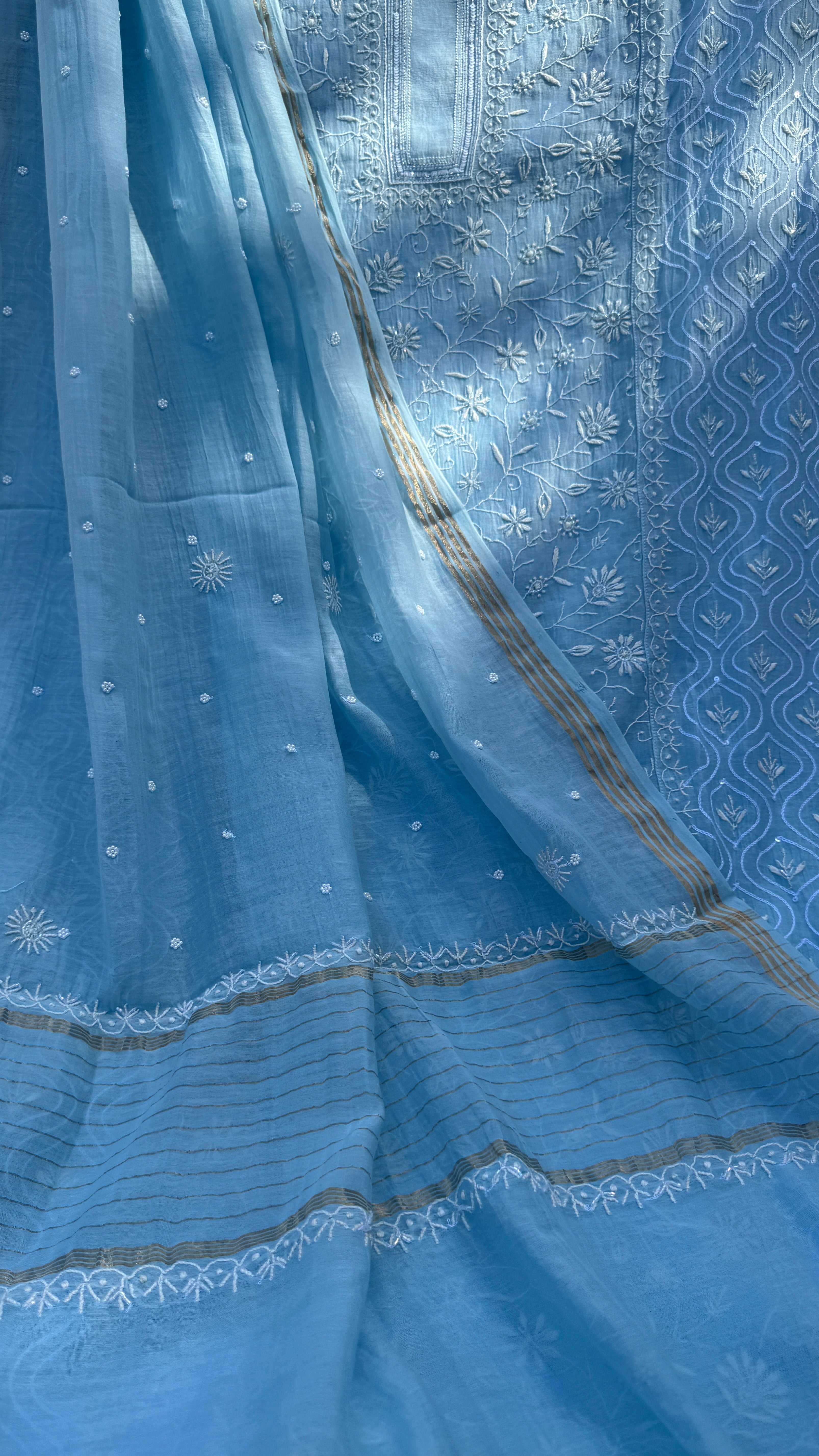 Mul Chanderi Chikankari - Unstitched Set - Blue