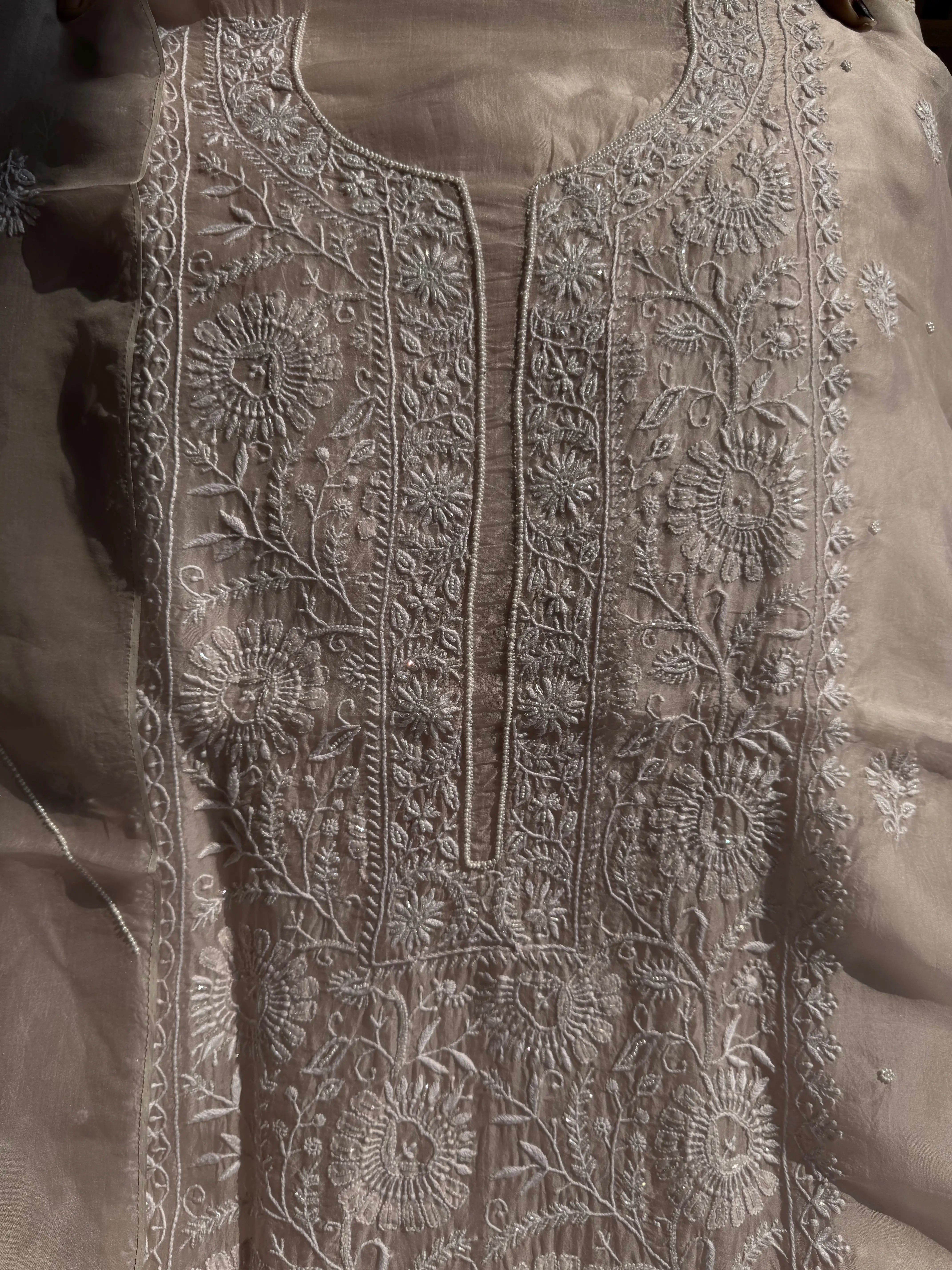 Organza Chikankari Length with Dupatta (Pearl Work) - Blush Pink ARIAA CHIKANKARI