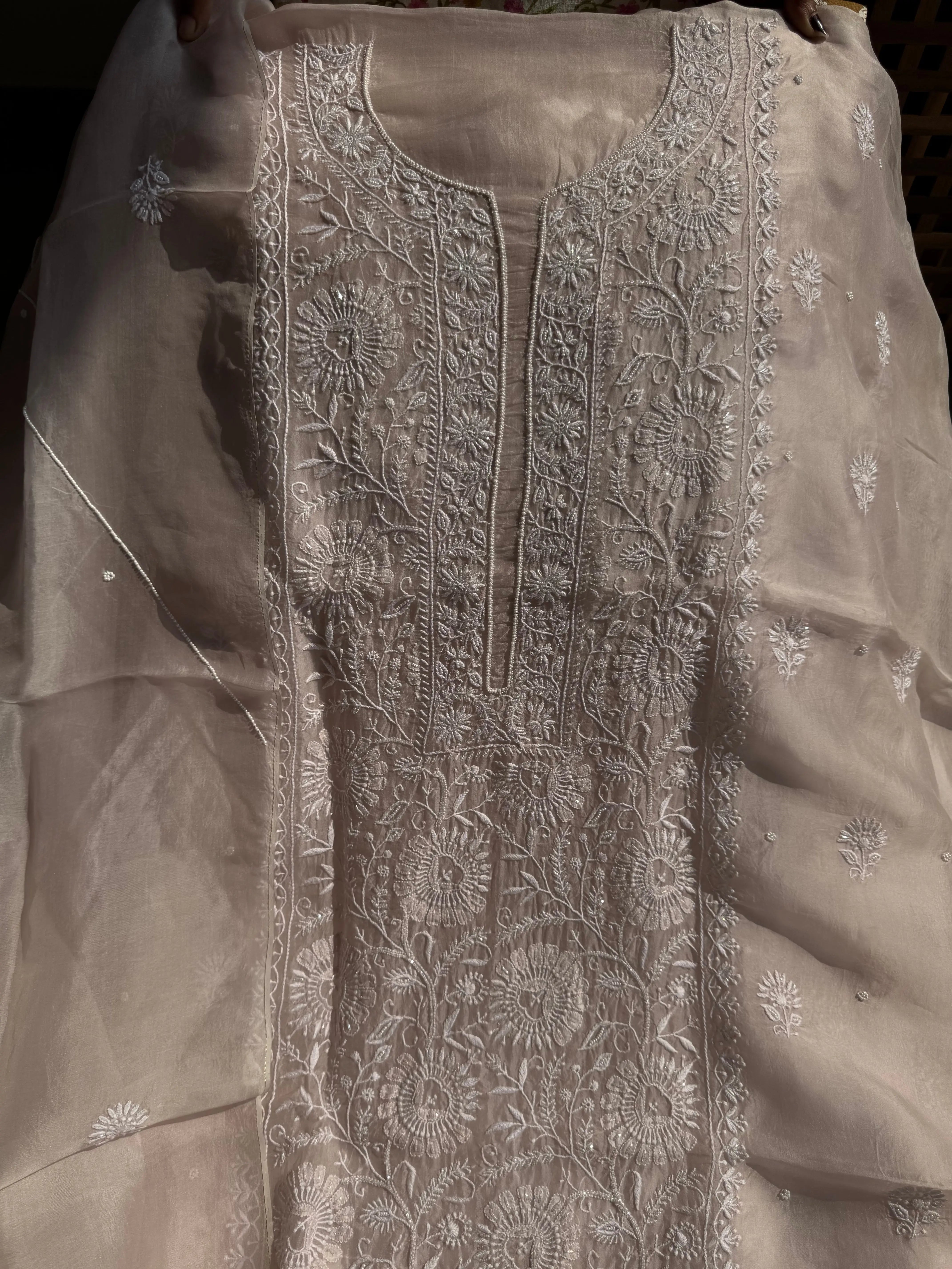 Organza Chikankari Length with Dupatta (Pearl Work) - Blush Pink ARIAA CHIKANKARI