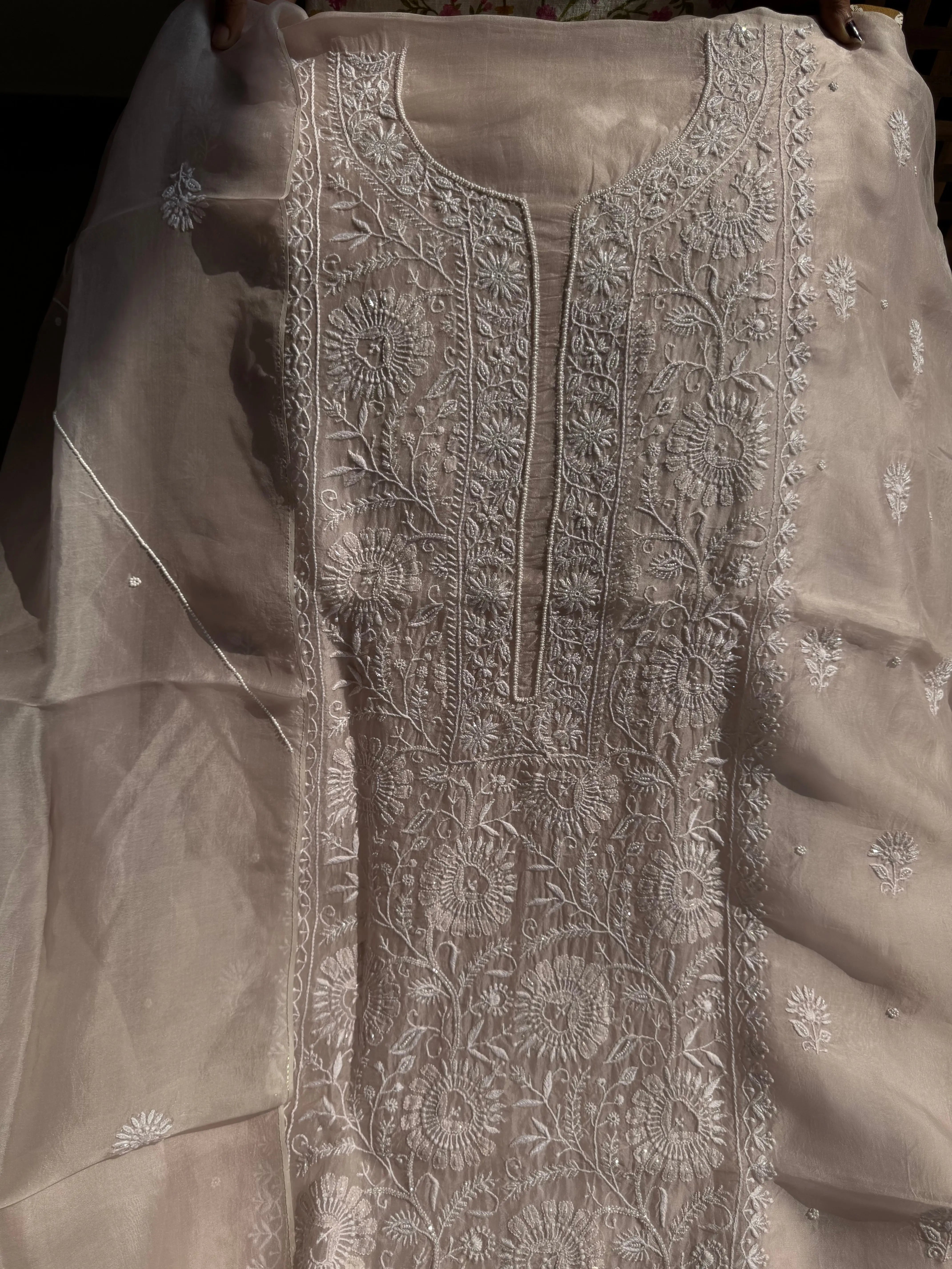 Organza Chikankari Length with Dupatta (Pearl Work) - Blush Pink ARIAA CHIKANKARI