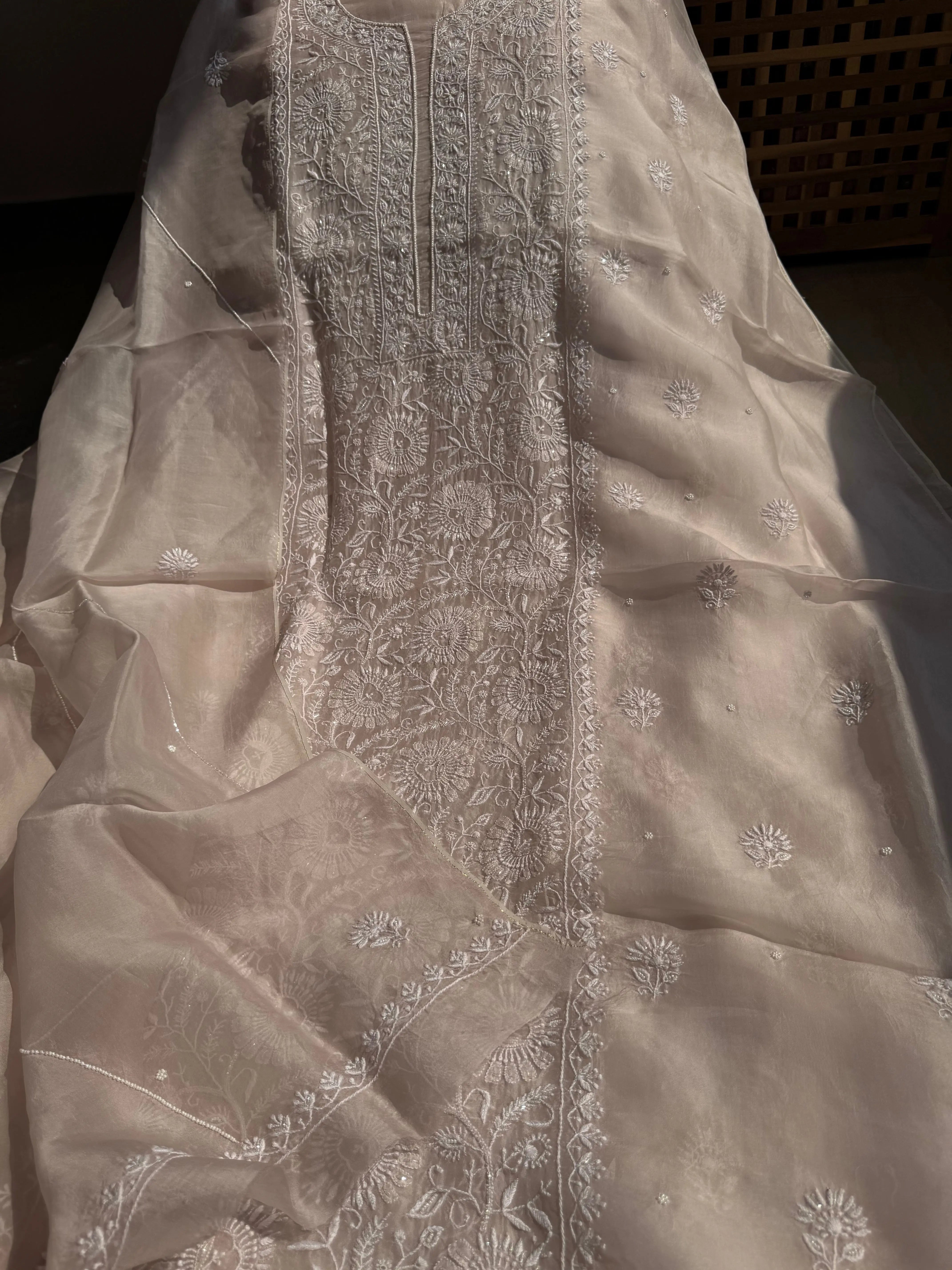 Organza Chikankari Length with Dupatta (Pearl Work) - Blush Pink ARIAA CHIKANKARI