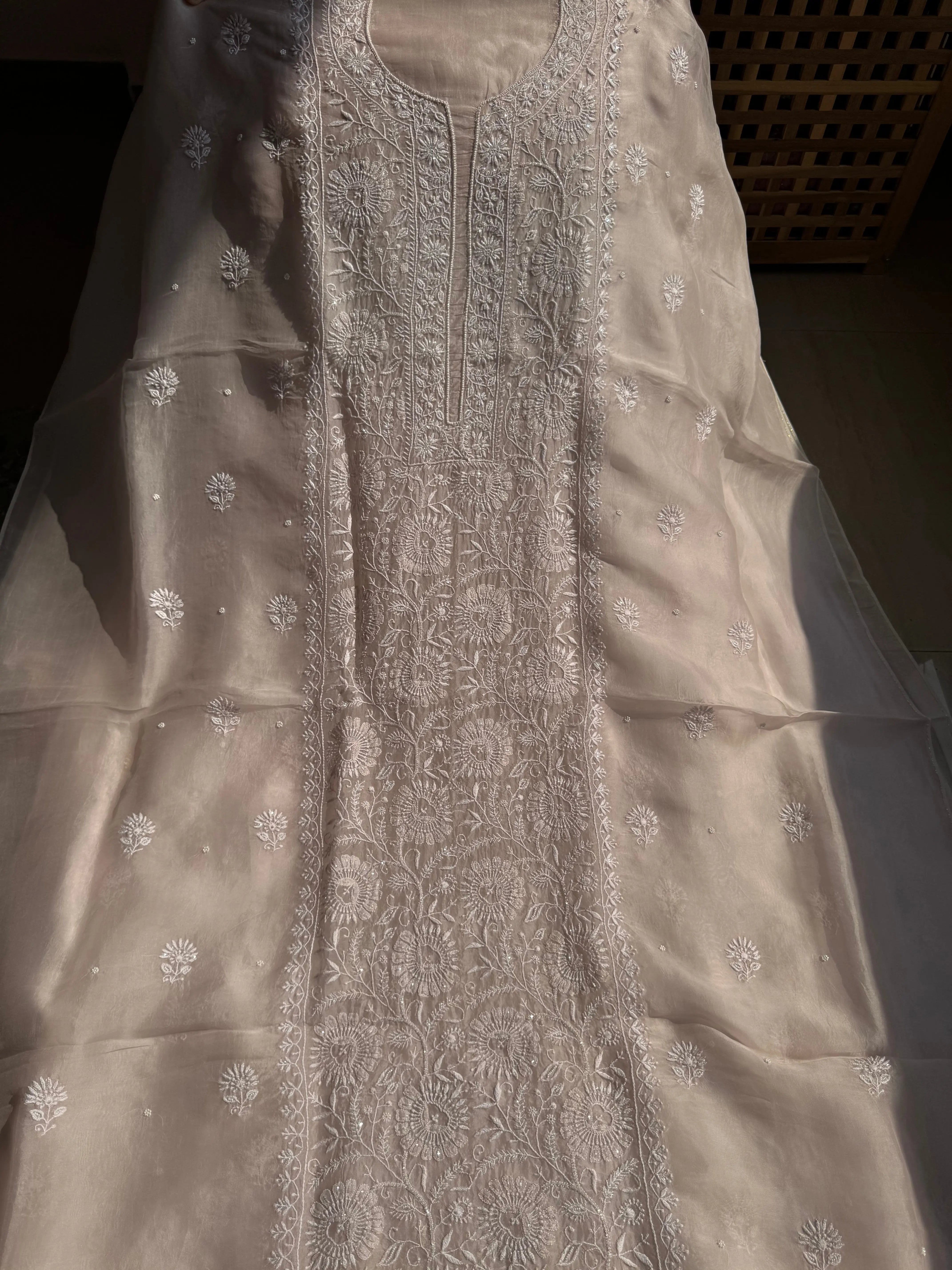 Organza Chikankari Length with Dupatta (Pearl Work) - Blush Pink ARIAA CHIKANKARI