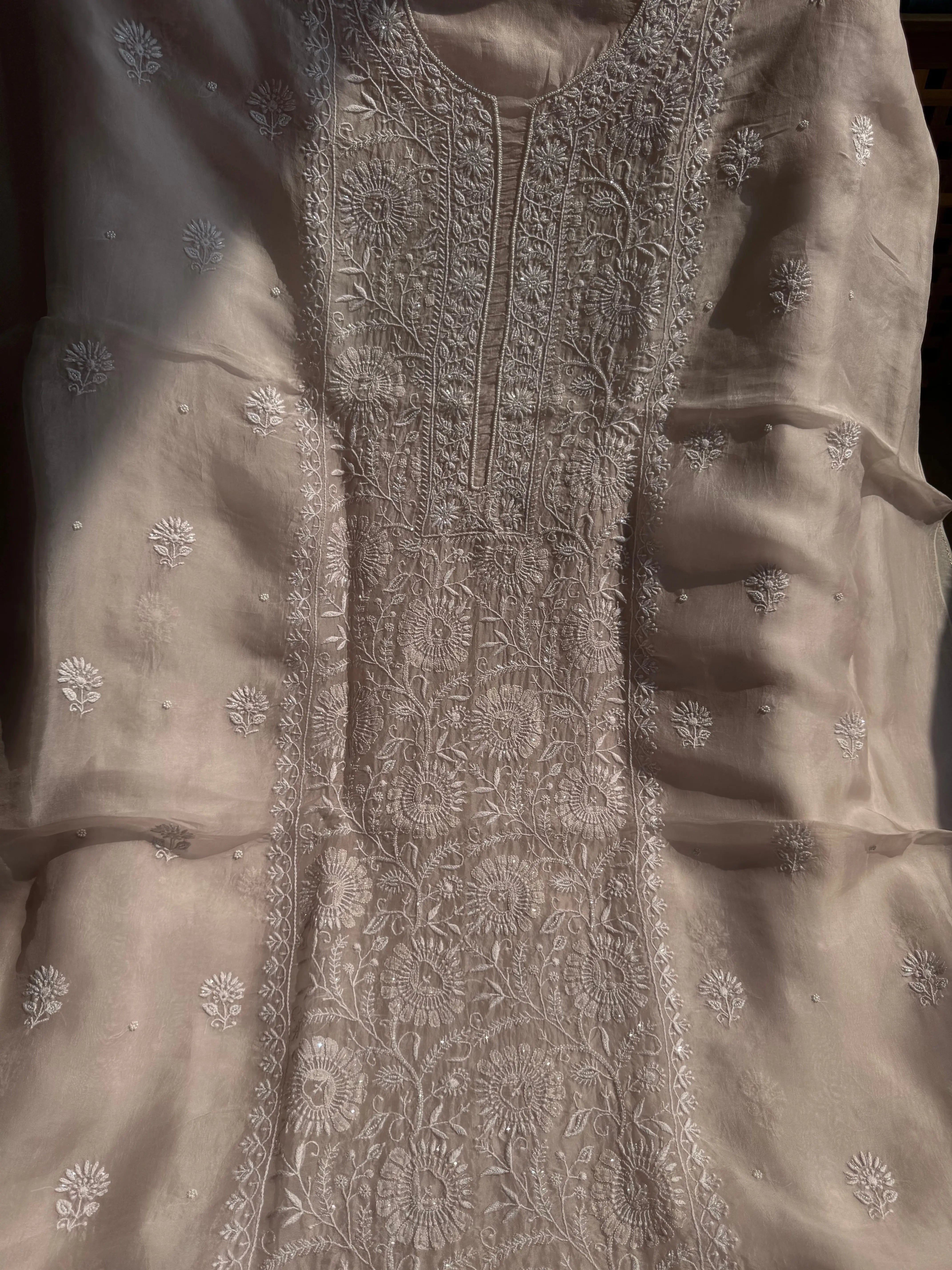 Organza Chikankari Length with Dupatta (Pearl Work) - Blush Pink ARIAA CHIKANKARI