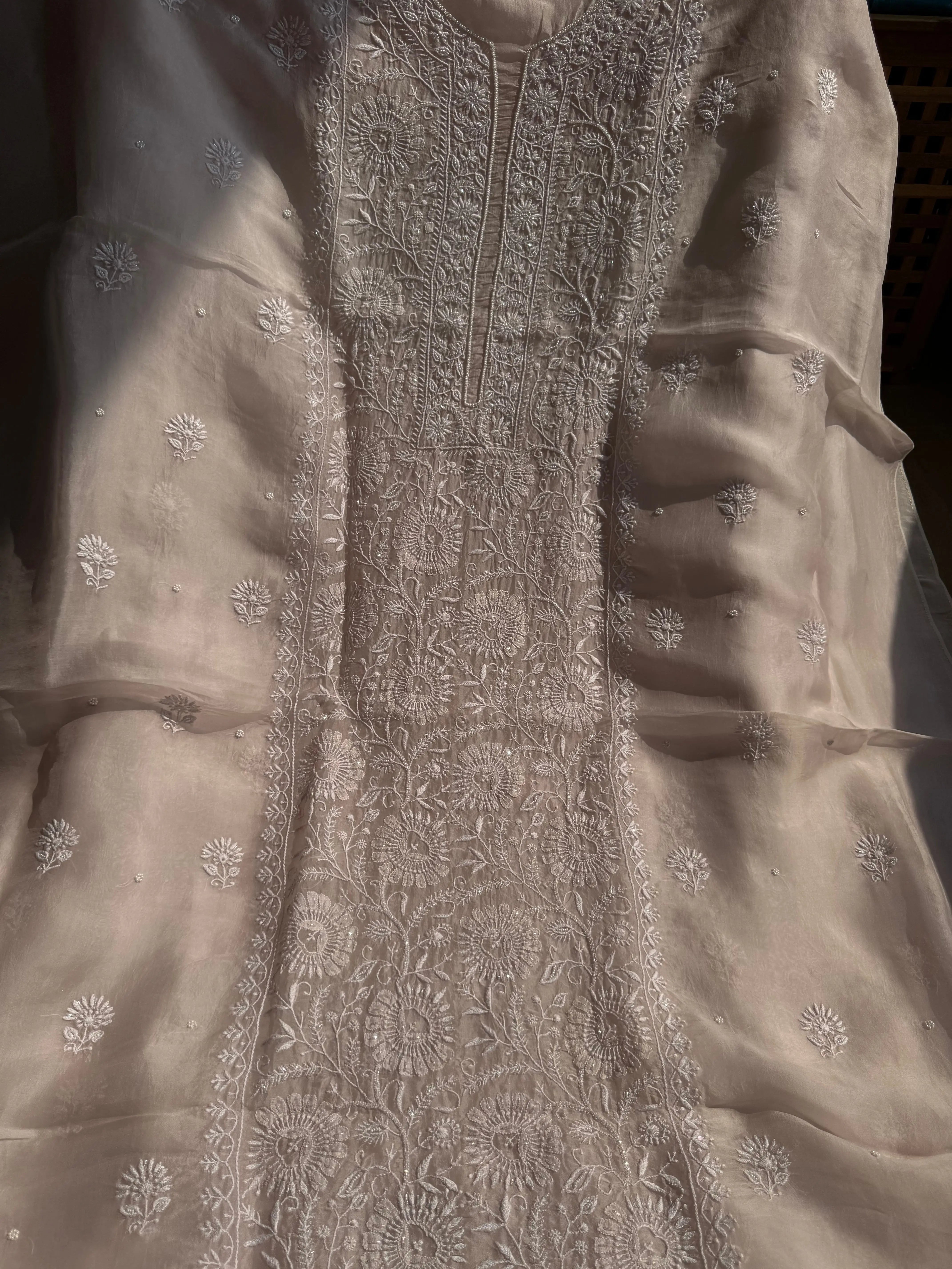 Organza Chikankari Length with Dupatta (Pearl Work) - Blush Pink ARIAA CHIKANKARI