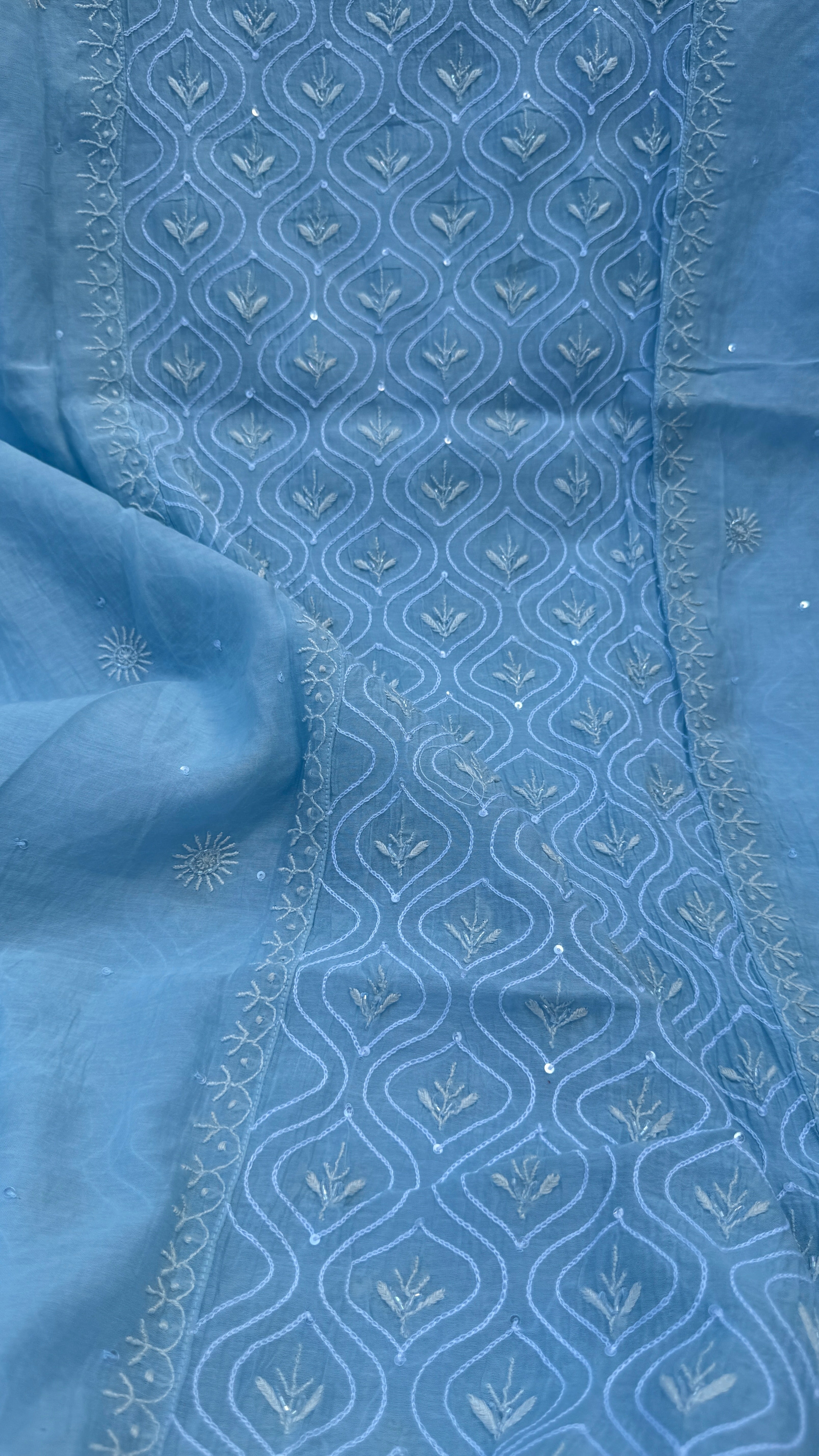 Mul Chanderi Chikankari - Unstitched Set - Blue