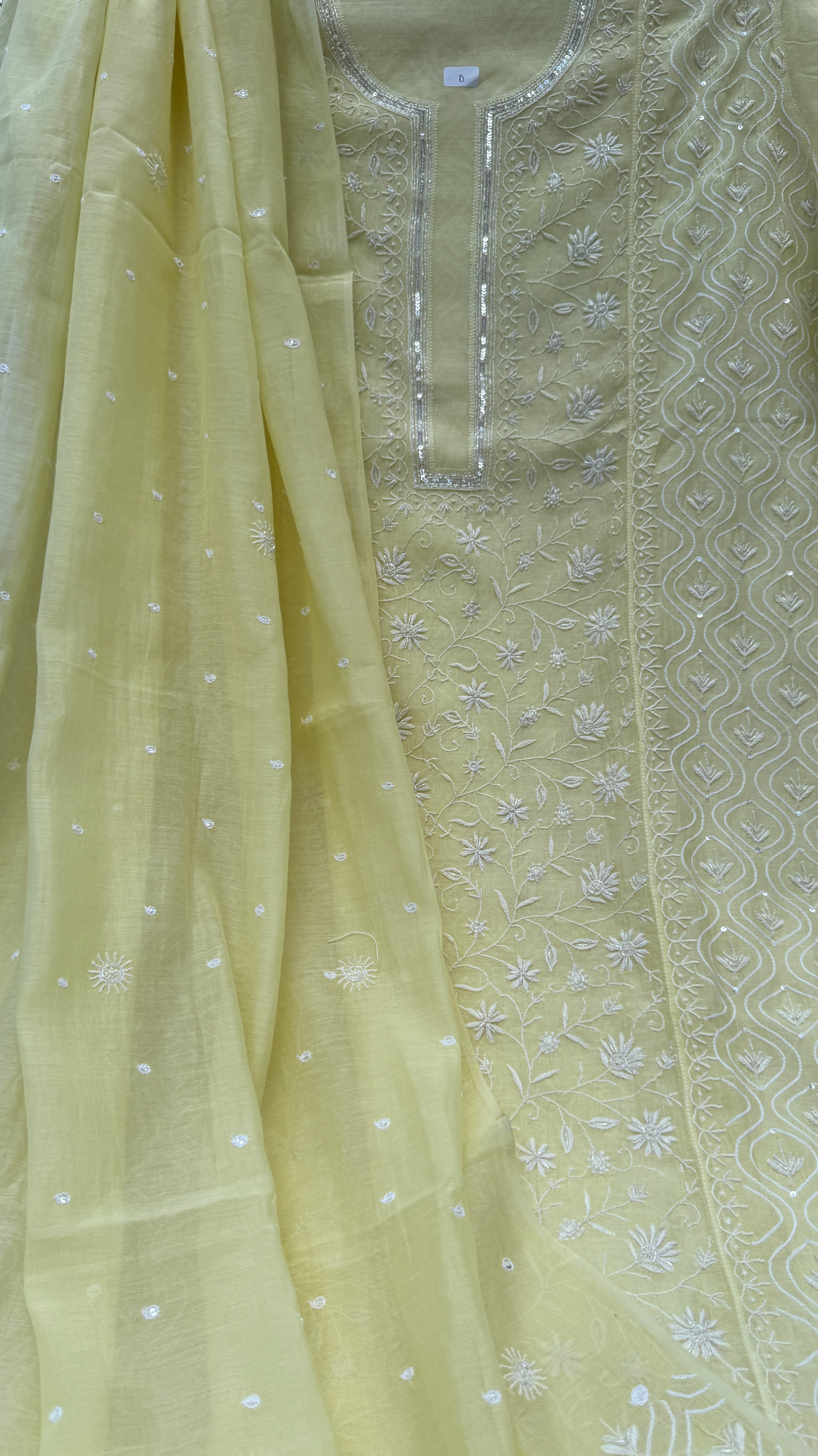 Mul Chanderi Chikankari - Unstitched Set - Butter Cream Yellow