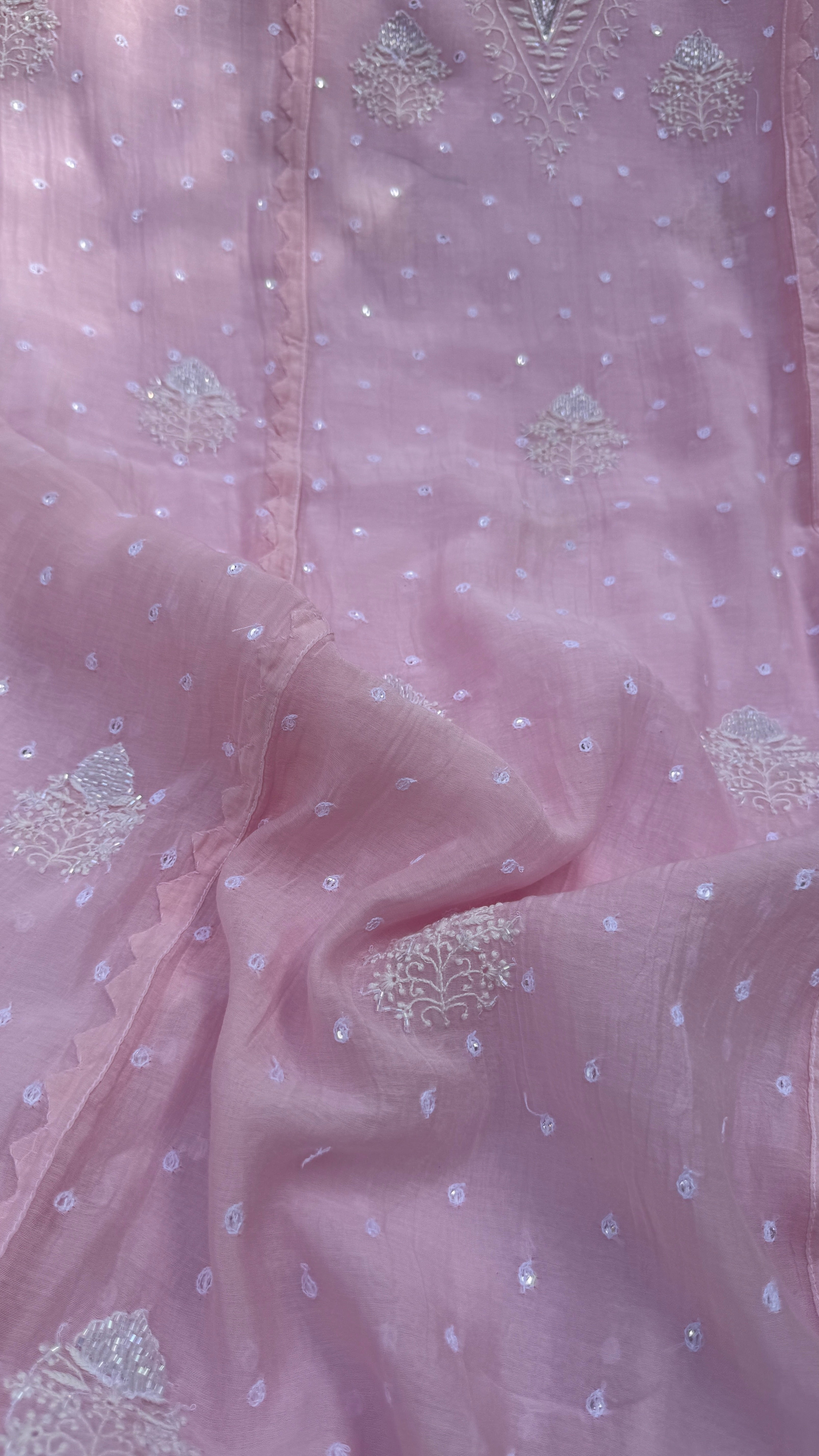Mul Chanderi Chikankari - Unstitched Set - Pink