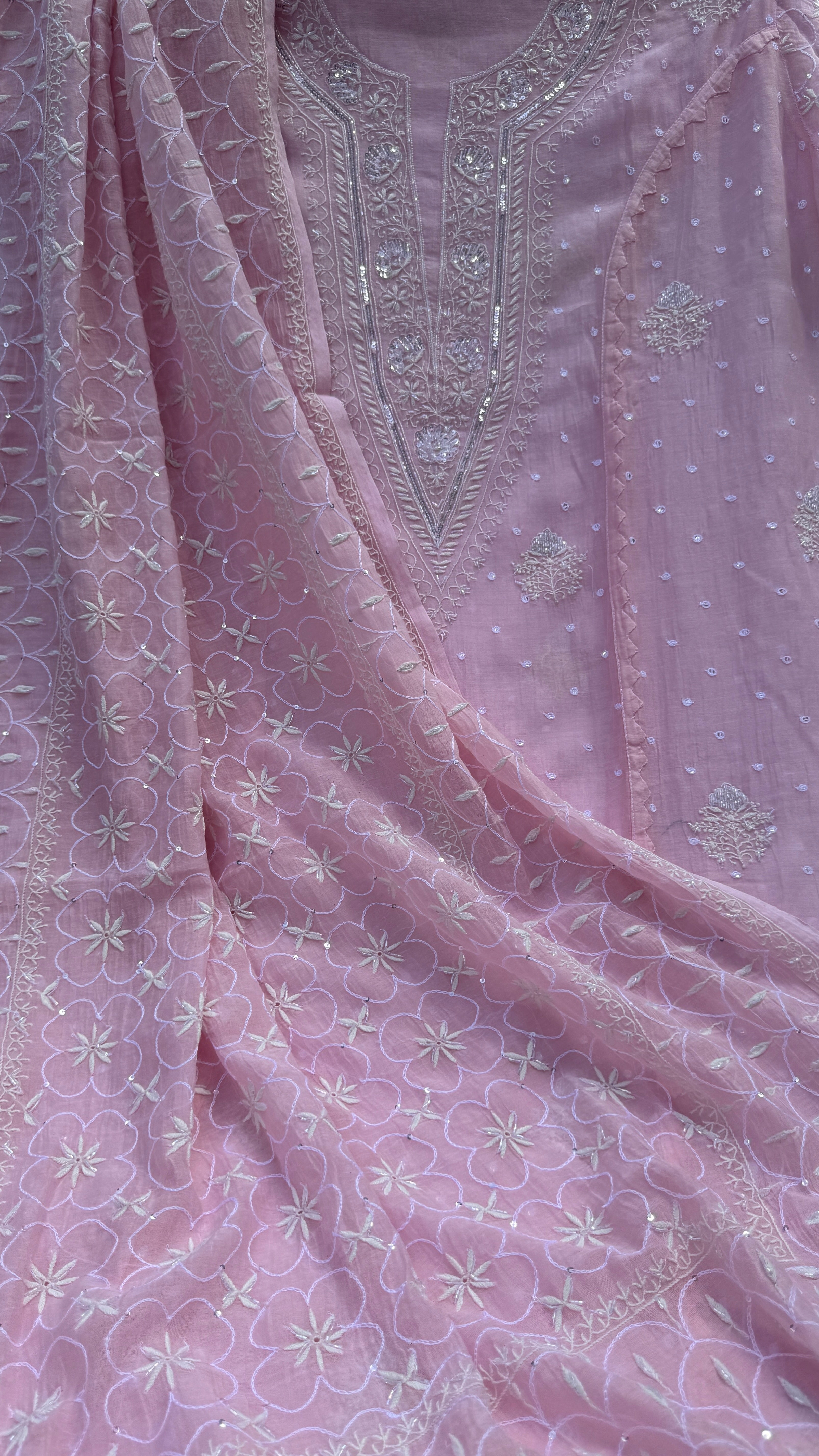 Mul Chanderi Chikankari - Unstitched Set - Pink