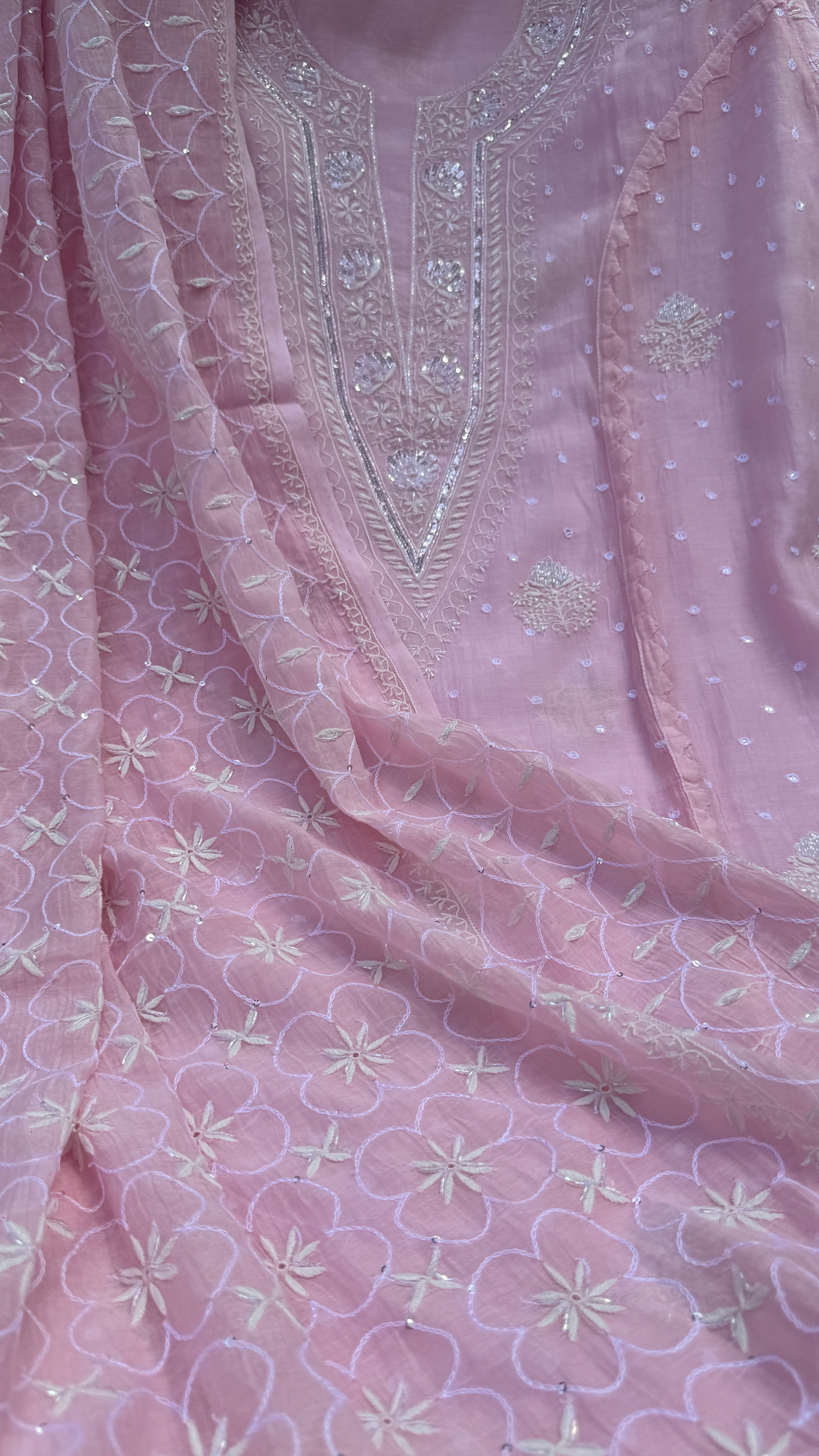 Mul Chanderi Chikankari - Unstitched Set - Pink