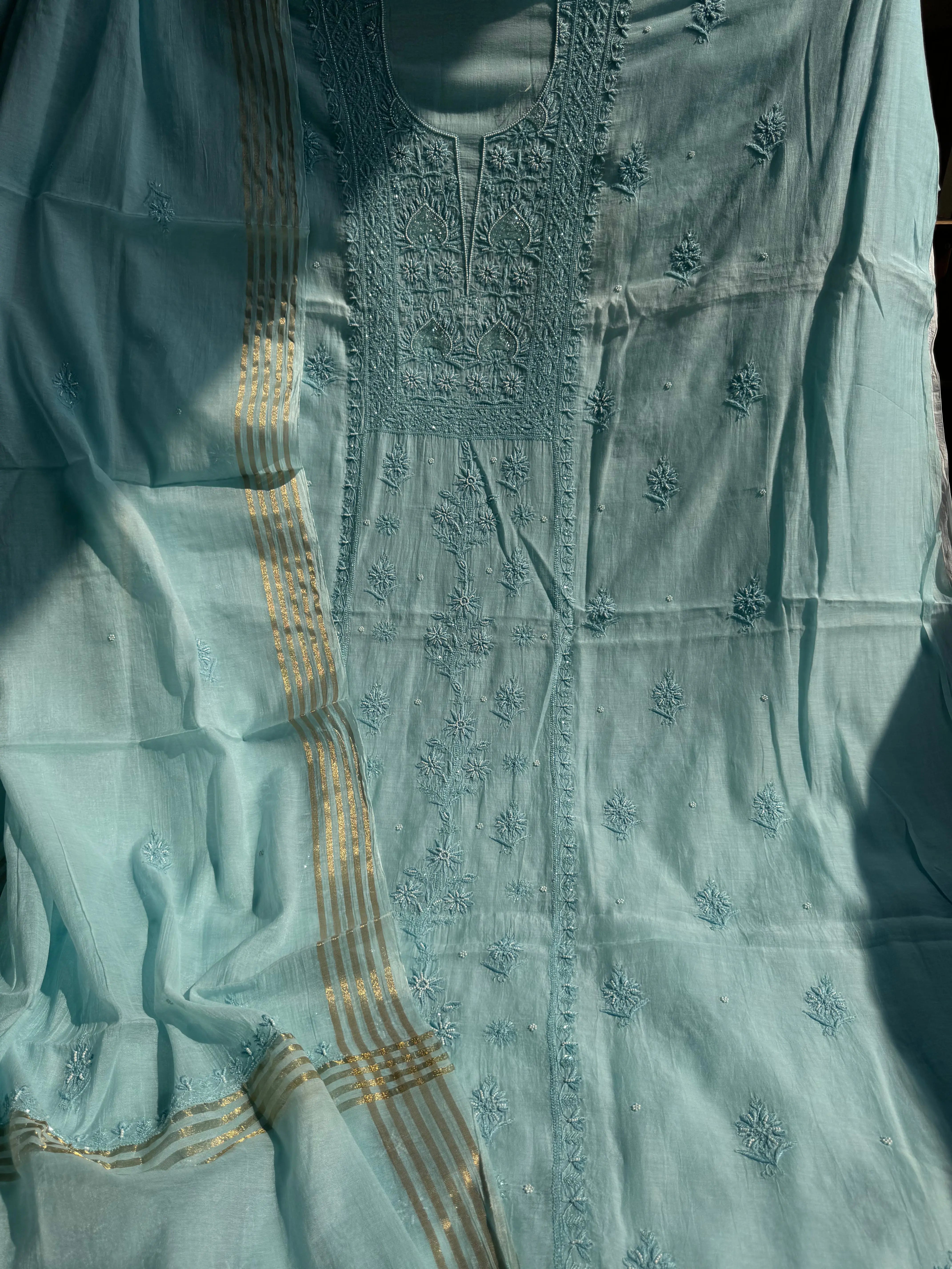 Mul Chanderi Chikankari Anarkali - Blue ARIAA CHIKANKARI