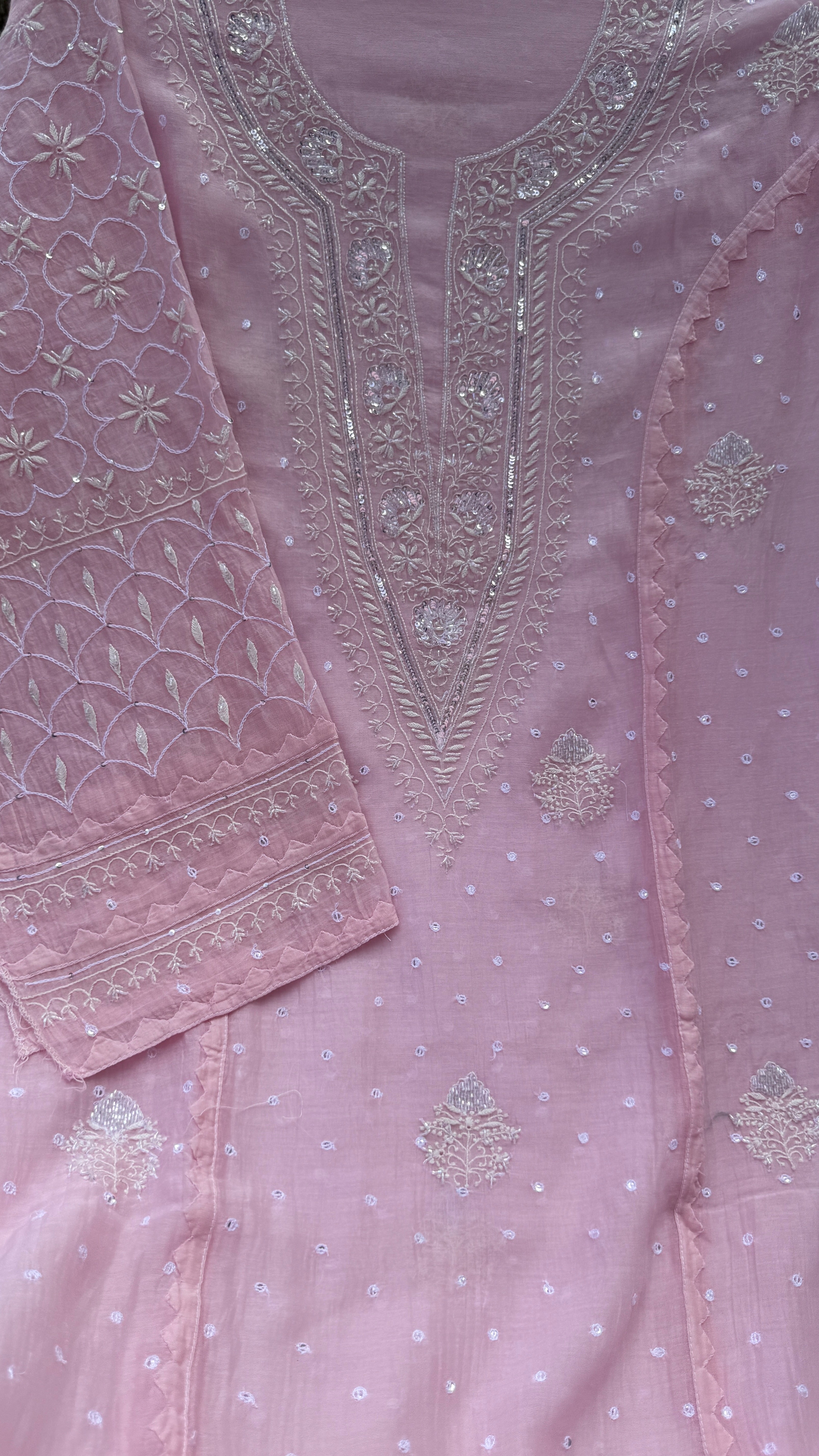 Mul Chanderi Chikankari - Unstitched Set - Pink