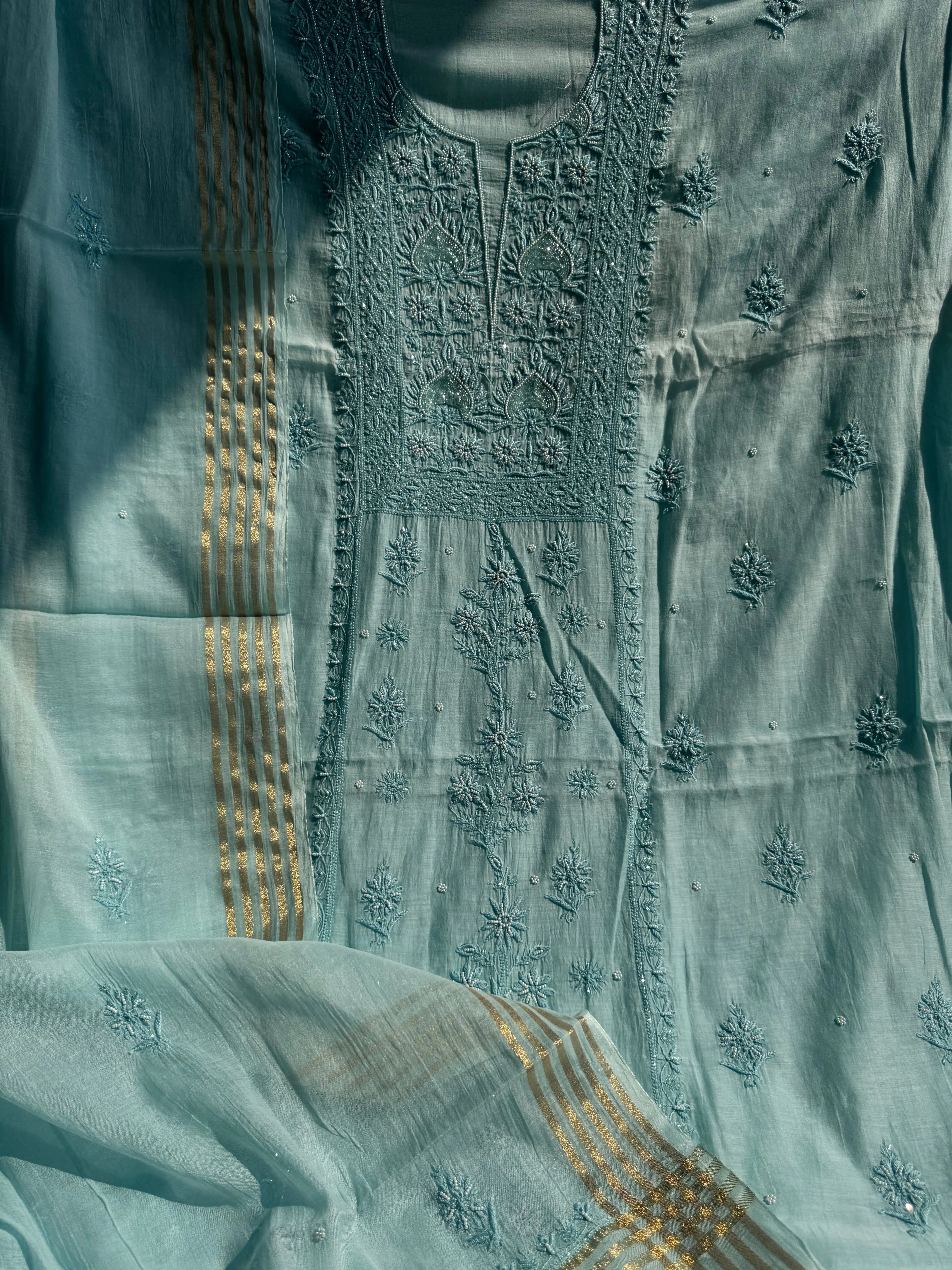 Mul Chanderi Chikankari Anarkali - Blue ARIAA CHIKANKARI