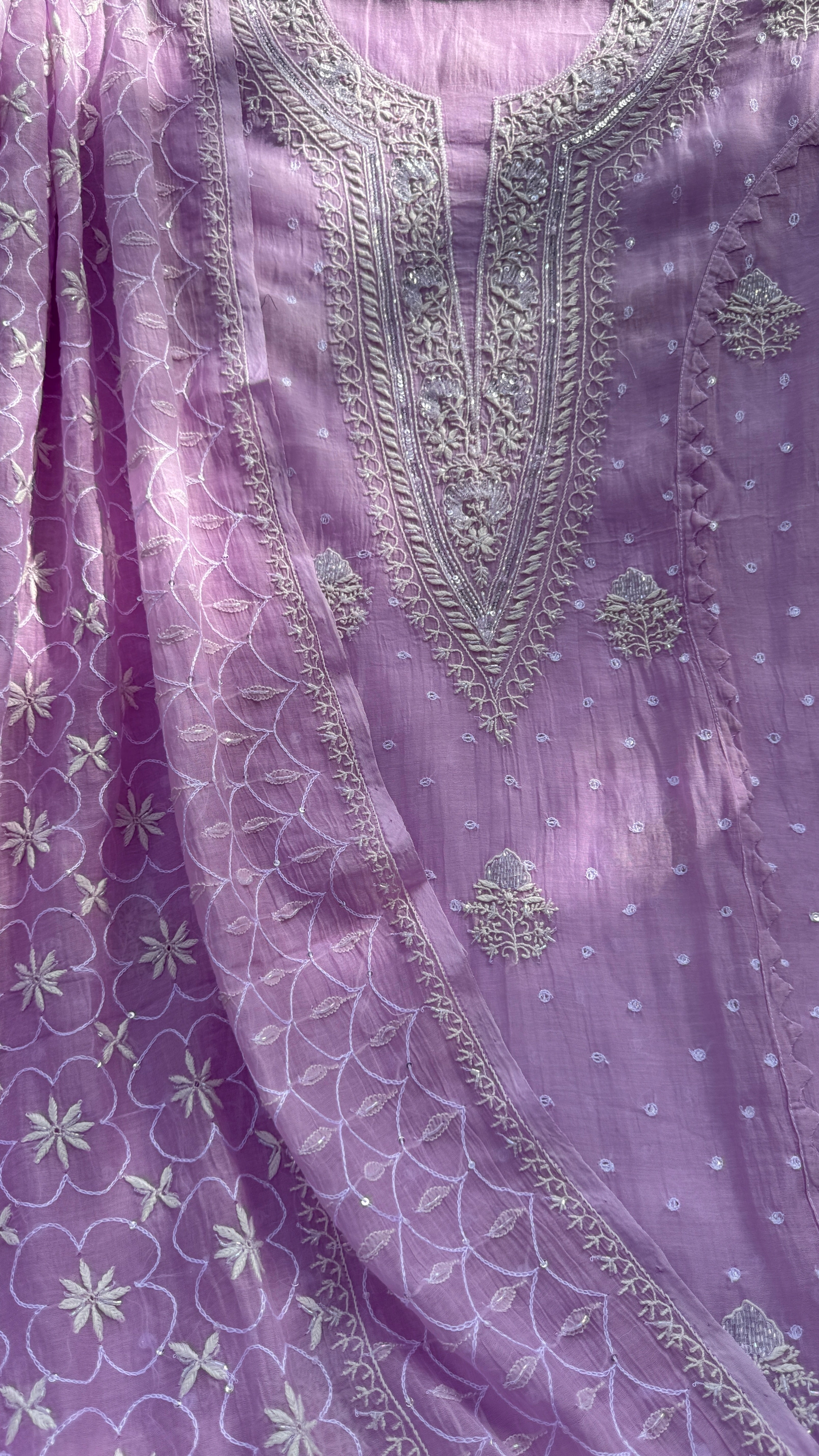 Mul Chanderi Chikankari - Unstitched Set - Lilac